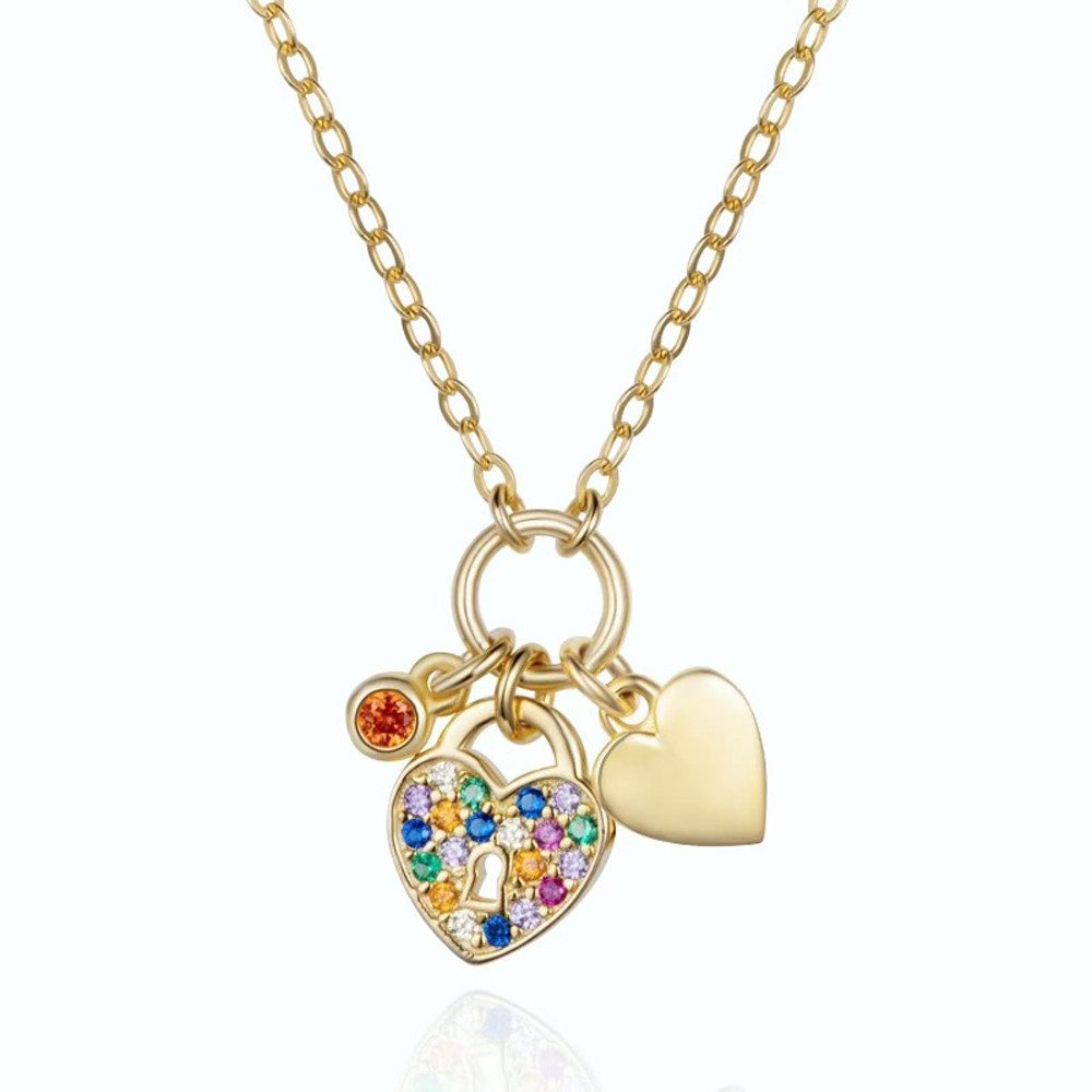 Kette mit Anhänger Kette mit Charms, Schloss, Herz, Schmetterling, Kleeblatt