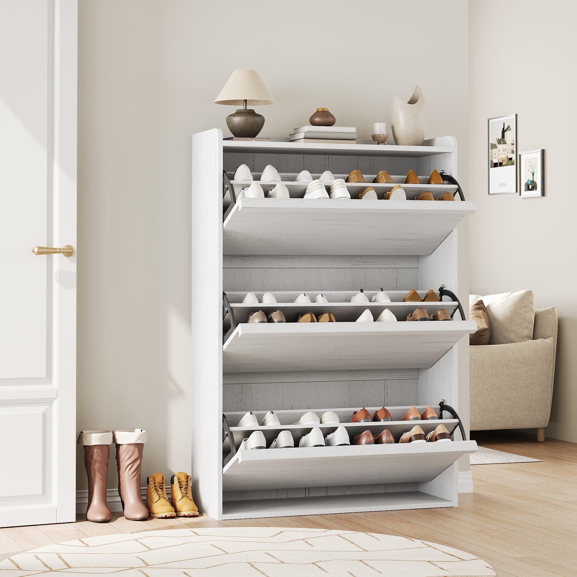 GarveeMore Schuhschrank Schuhregal aus Holz mit Klappschubladen Mit 3 oder 4 Klappen für 18–24 Paar Schuhe – Bild 4 von 5