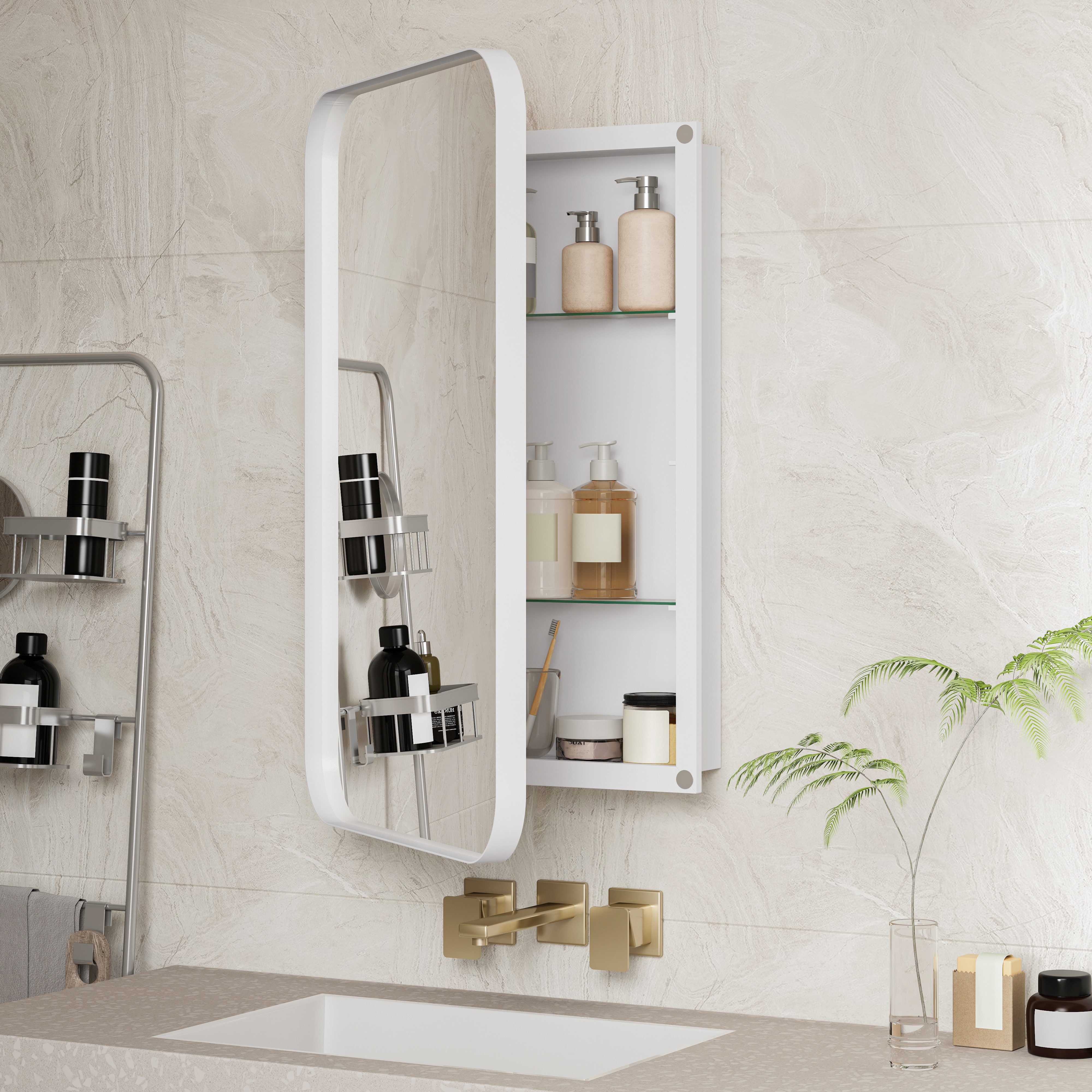 MODFU Spiegelschrank Moderner Wand-Badezimmerschrank (Rechteckiger Metallrahmen-Schrank mit Spiegel & einstellbaren Shelves)