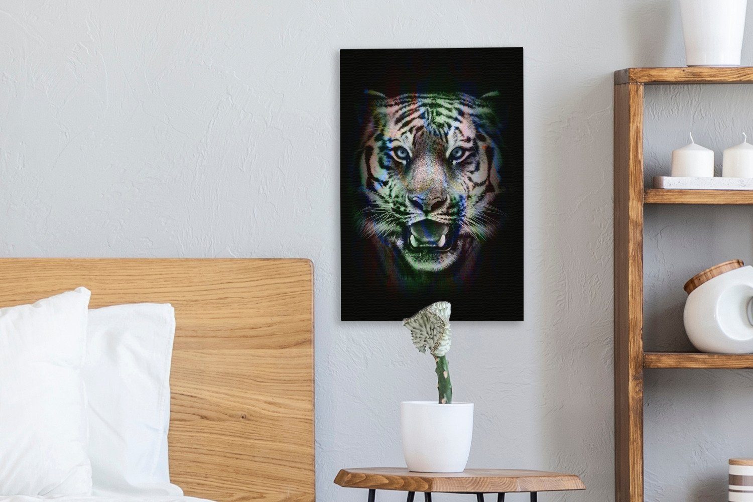 Gemälde, (1 Leinwandbild - 20x30 OneMillionCanvasses® inkl. - Tiger bespannt cm Zackenaufhänger, Leinwandbild Weiß, fertig Schwarz Effekt St), -