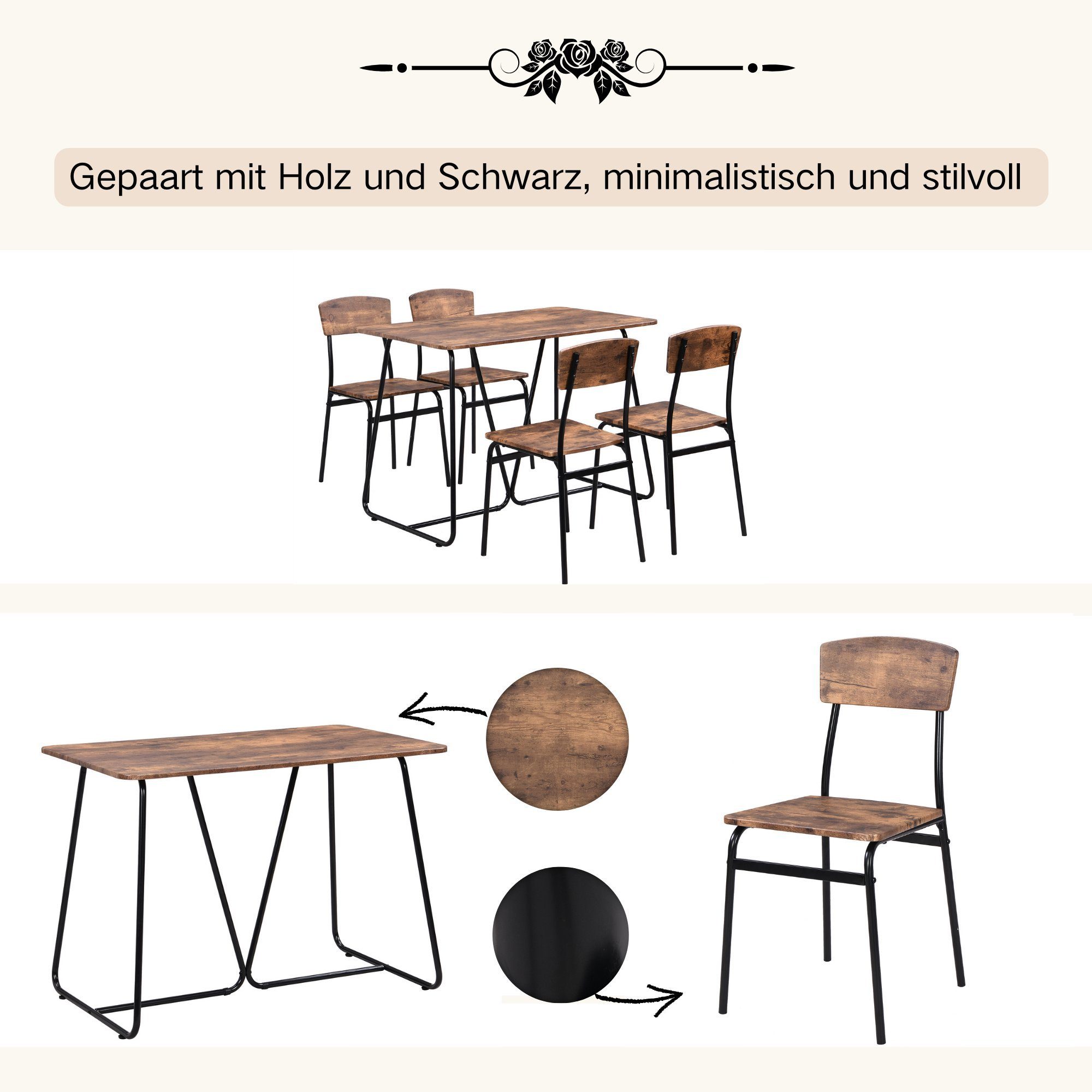 Moderne Sitzgruppe Essgruppe, Esstisch WISHDOR (5-tlg., und Stühlen), 4 Set mit Stuhl Küchentisch