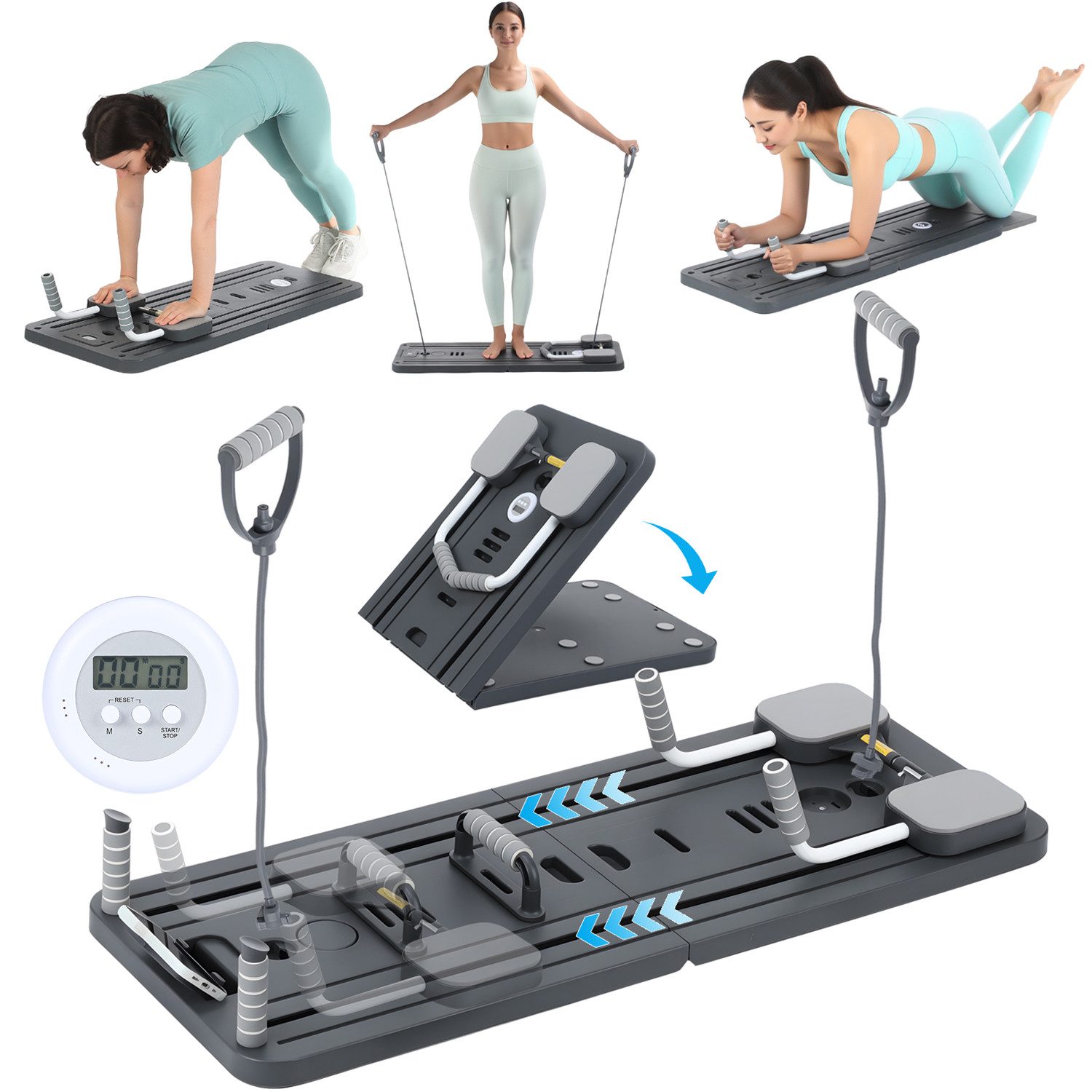 LETGOSPT Liegestützgriffe Pilates Board 2025 Verbessertes Faltbarer Pilates-Body-Shaping-Set (Multifunktionales Pilates-Set mit LED-Zähler, Handyhalterung, Bauchtrainer, Ellenbogenstütze, Sportgriffe, Widerstandsband,Yogaboard), für Zuhause und Fitnessstudio