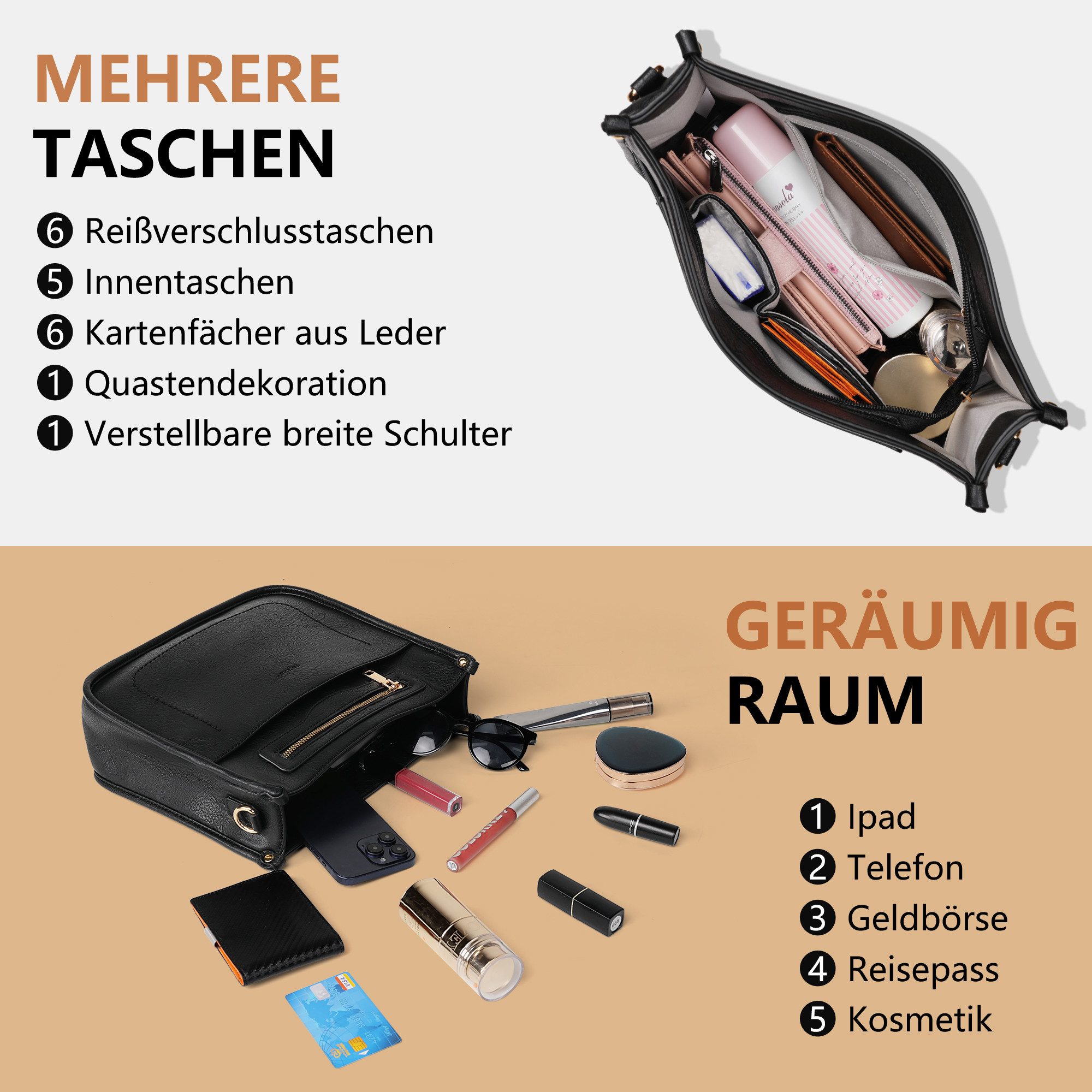TAN.TOMI Umhängetasche Damen Handtasche mittelgroß Crossbody Bag multi pochette tasche, Damenhandtasche mit Verstellbar Breitem Schultergurt