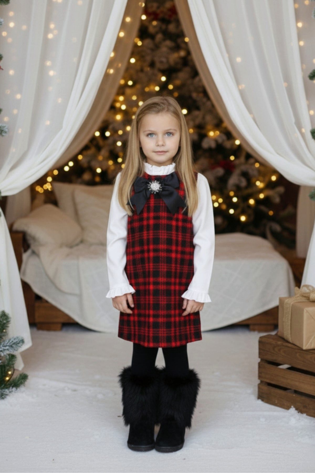 Parla Kids 2-in-1-Kleid Kleid mit Tweed in schwarz/rot - abnehmbare Brosche mit Zirkoniastein Abnehmbare Brosche