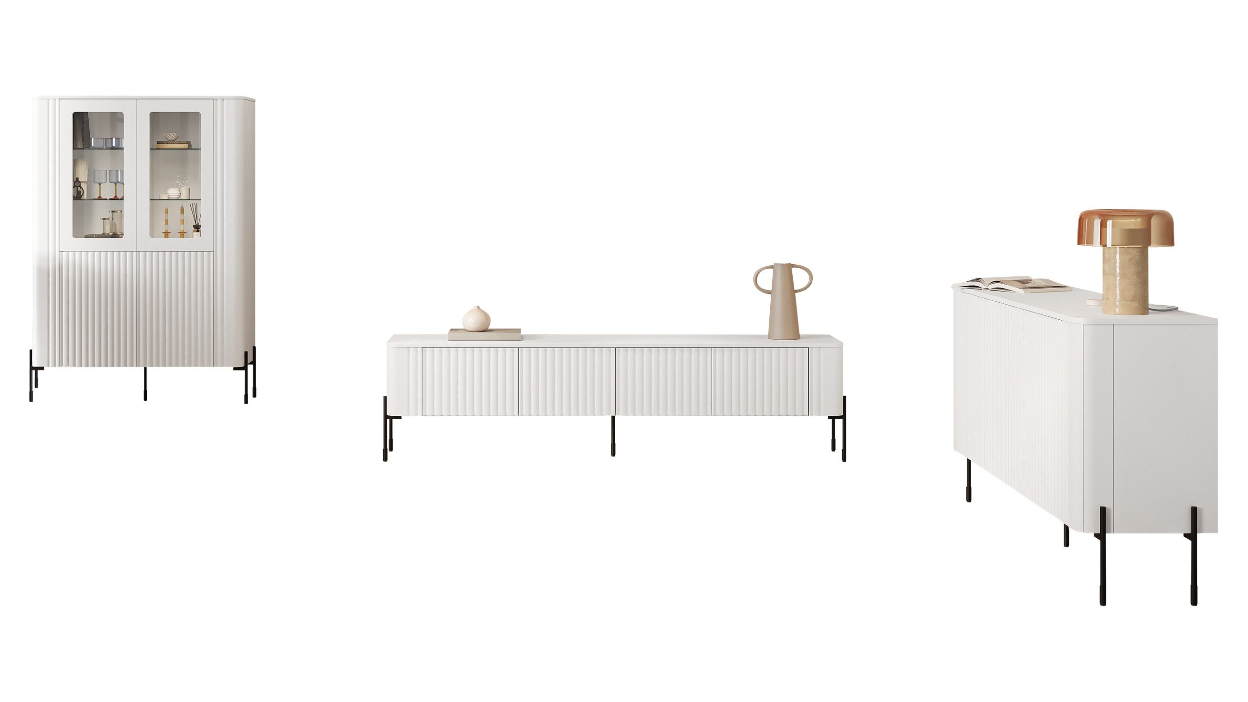 MIRJAN24 Wohnzimmer-Set Vera I, (3er-Set, Kommode, TV-Lowboard, Vitrine), Schwarze Metallfüße