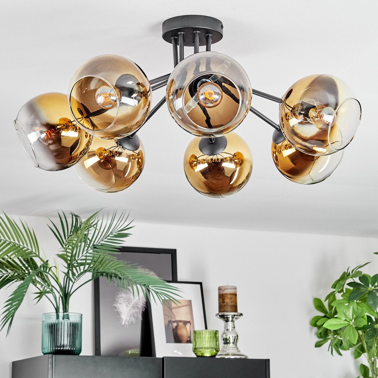 hofstein Deckenleuchte 7-flammige Deckenlampe aus Metall/Glas in Schwarz/Gold/Klar, moderne Leuchte im Retro/Vintage-Design (Schirme Ø 15 cm), E14