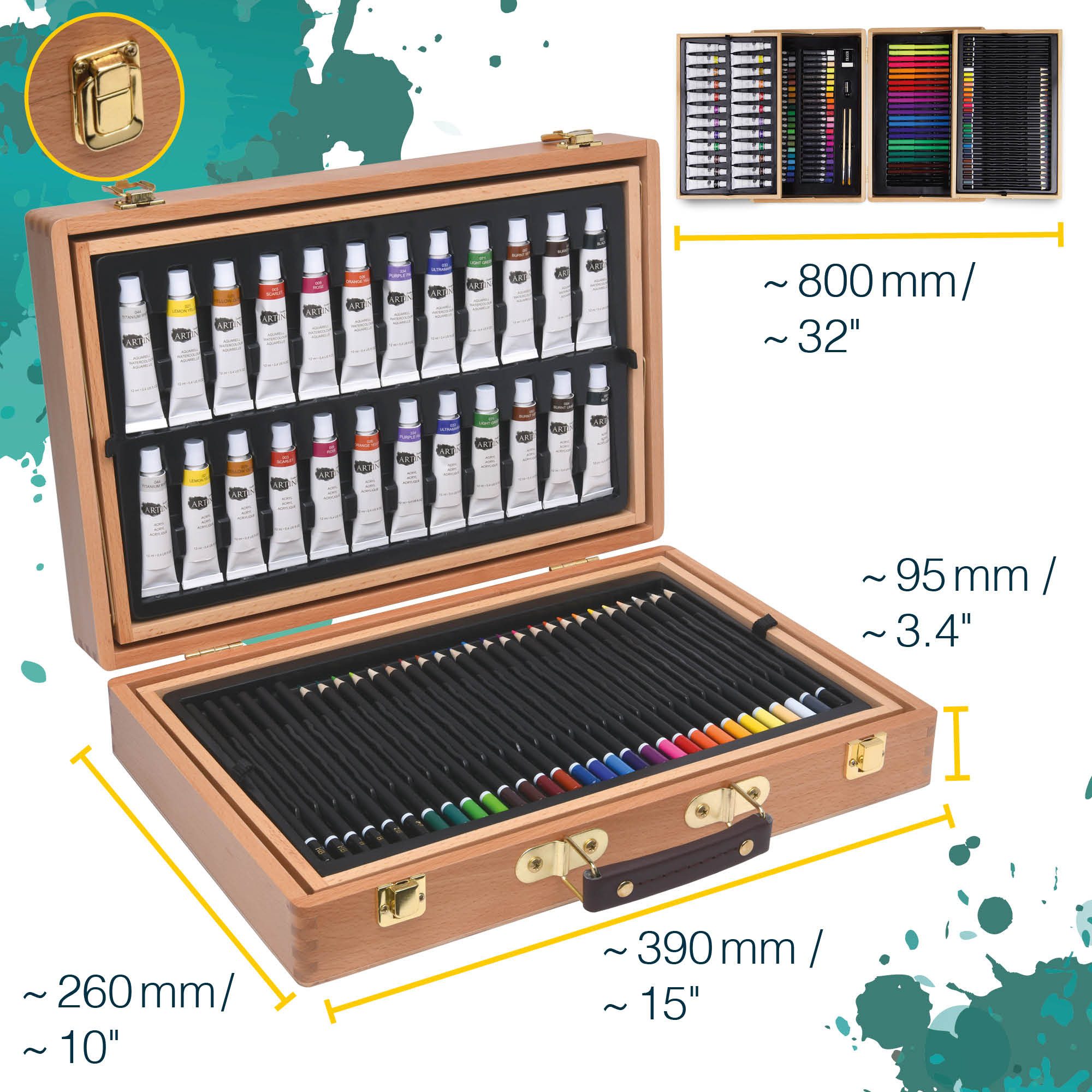 Artina Malpalette 127tlg Malset Bologna XXL Künstler Set mit Holz, 127tlg., Malkoffer – Acrylfarben, Aquarellfarben, Buntstifte, Pastellstifte