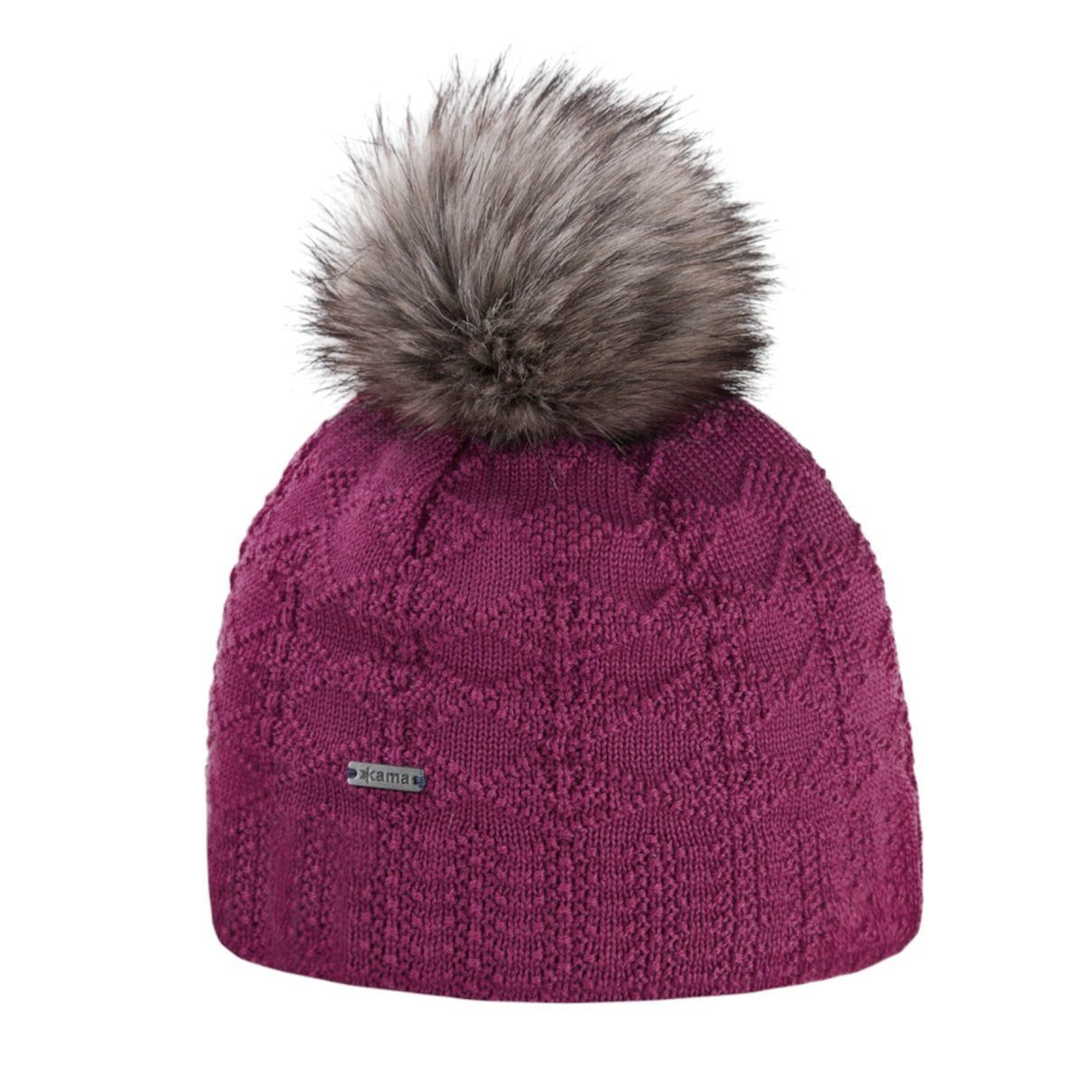 Strickmütze (Bommel) A109 Merino - Damen pflaumeviolett - 1 Stück