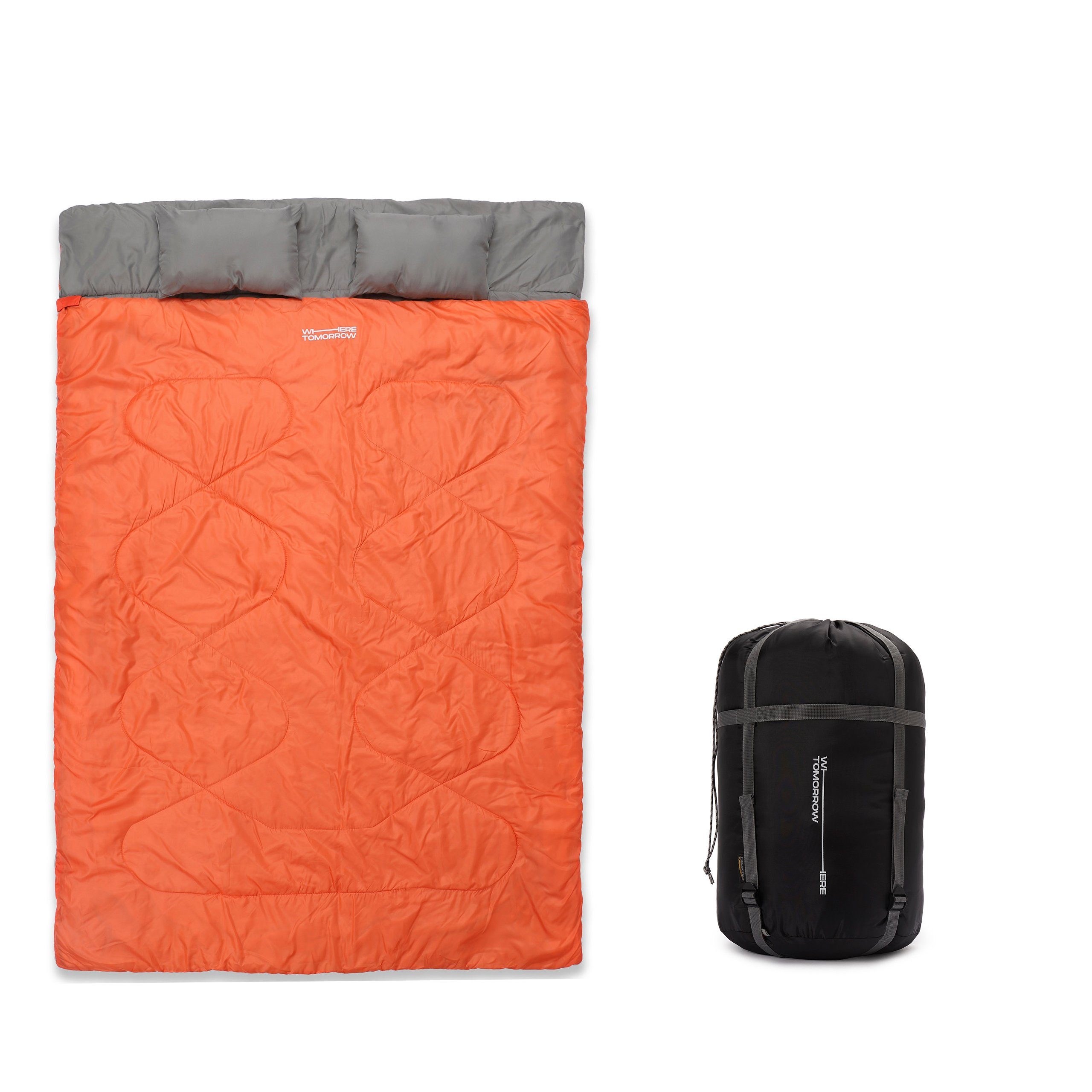 Schlafsack Orange Hüttenschlafsack Doppelschlafsack 2-Personen Kopfkissen, wasserabweisend, 190x30x150cm groß atmungsaktiv - Lumaland