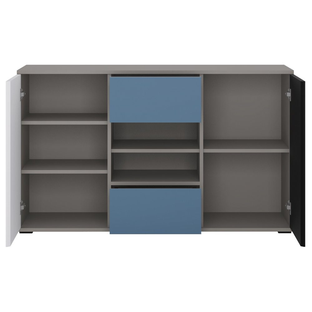 Lomadox Kommode LIIVA-129, Grau Platin, Perlschwarz, Alpinweiß, Himmelblau, 3 Schubkästen