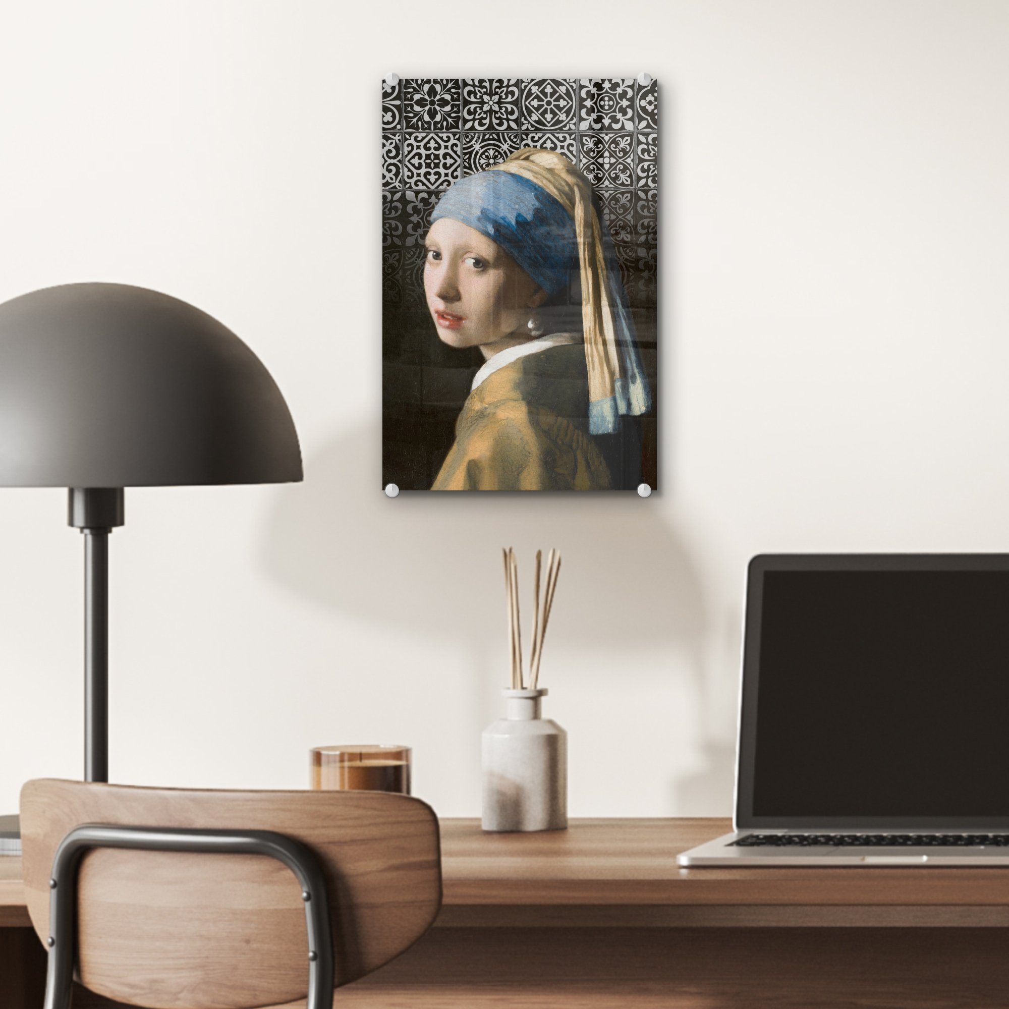 auf mit Vermeer auf - - (1 Perlenohrring Bilder Acrylglasbild Mädchen Blau, St), - Wanddekoration Foto MuchoWow Glas Wandbild - Glasbilder Glas - Johannes Delfter