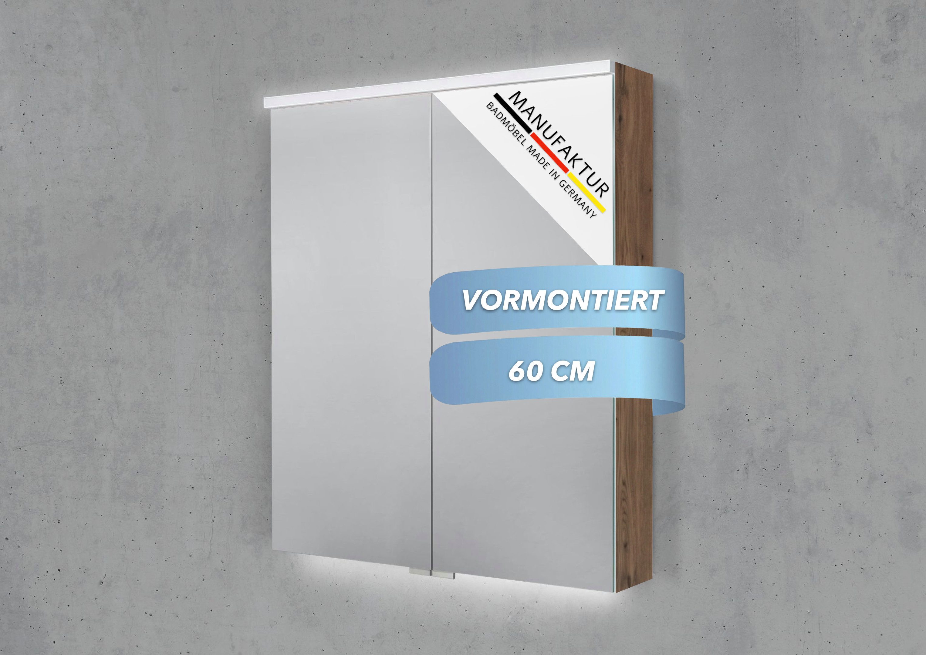 Intarbad Badezimmerspiegelschrank 2-türiger Spiegelschrank mit MULTI LED Beleuchtung, stufenlos dimmbar (Doppelspiegeltüren, Holz-/ Lackdekore, Maße von 60 bis 120 cm wählbar, Höhe 71,8 cm, Glasfachböden, Magnetleiste & Kosmetikspiegel Ø 12 cm) Vormontierte Lieferung, Floatglas, 160 kg Traglast, Made in Germany