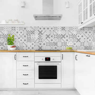 Bilderdepot24 Küchenrückwand grau dekor Fliesenoptik Muster Geometrischer Fliesenmix Grau, (1-tlg., Nischenrückwand - für Fliesenspiegel ohne Bohren - matt), Spritzschutz Rückwand Küche Herd - Folie selbstklebend versch. Größen