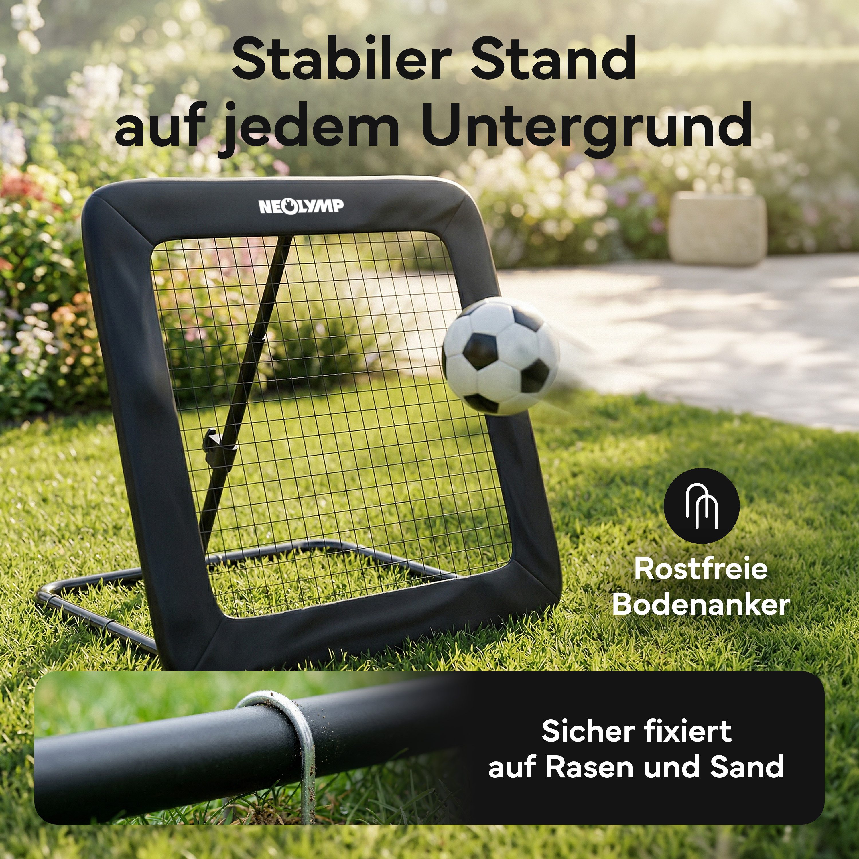 NEOLYMP Rebounder für Fußball – Stufenlos verstellbar für intensives Training, (Rebounder – für Schusstechnik, Pässe & Ballannahme), Fußball Trainingszubehör mit Metallrahmen – für drinnen und draußen