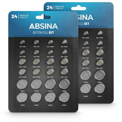 ABSINA 48er Pack Alkaline & Lithium Knopfzellen - 4x AG1 / 4x AG3 / 8x AG4 / 8x AG10 / 8x AG13 / 4x CR2016 / 4x CR2025 / 8x CR2032 - 1,5V & 3V Knopfzelle Sortiment auslaufsicher - Knopfbatterien Knopfzelle, (2 St)