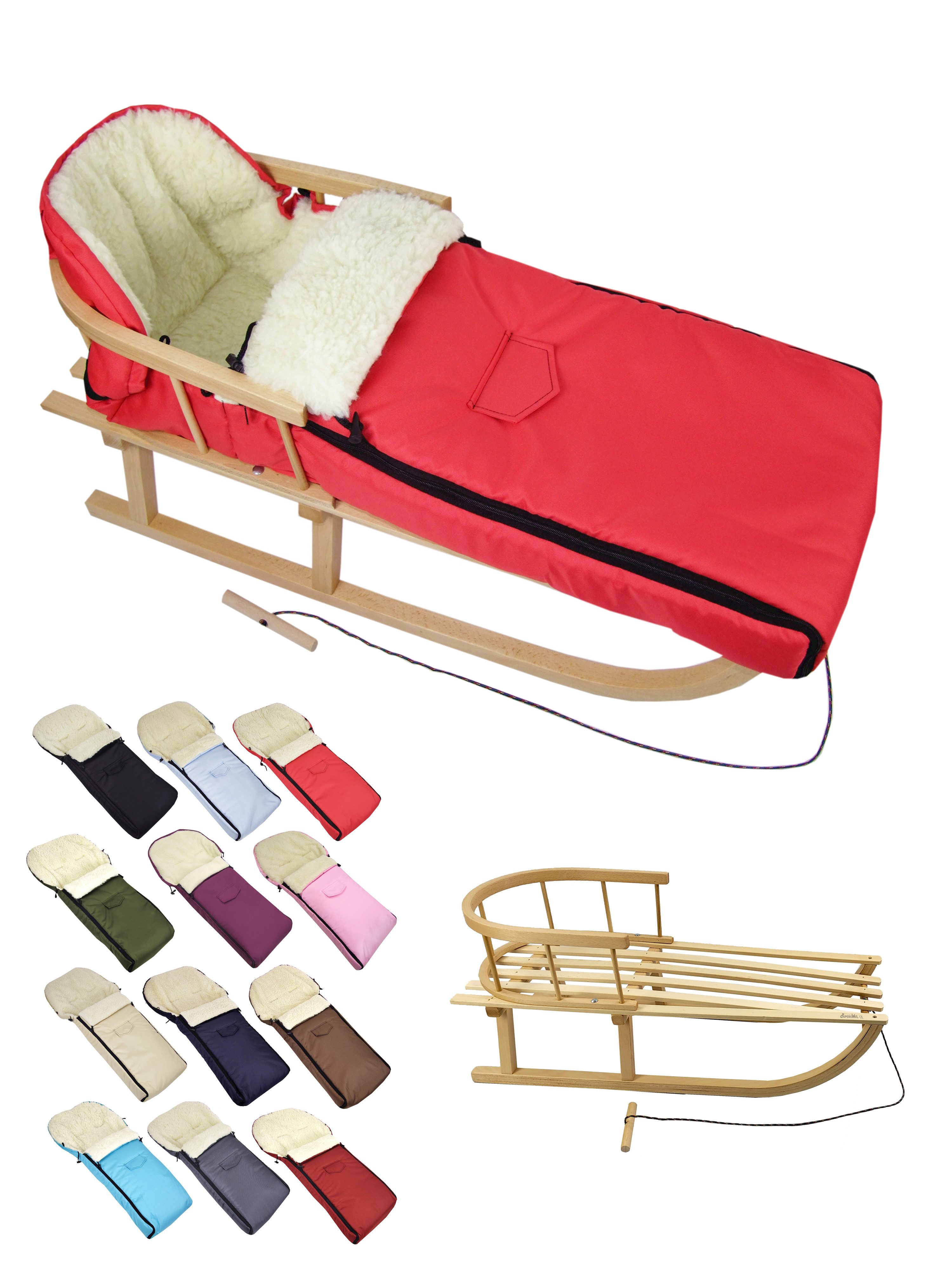 BambiniWelt by Rafael K. Санки CE-HOLZSCHLITTEN mit Rückenlehne Zugleine + WINTERFUßSACK Wolle 108cm (universaler Winterfußsack (108cm) + Деревянные санки (90cm), Kombi-Angebot