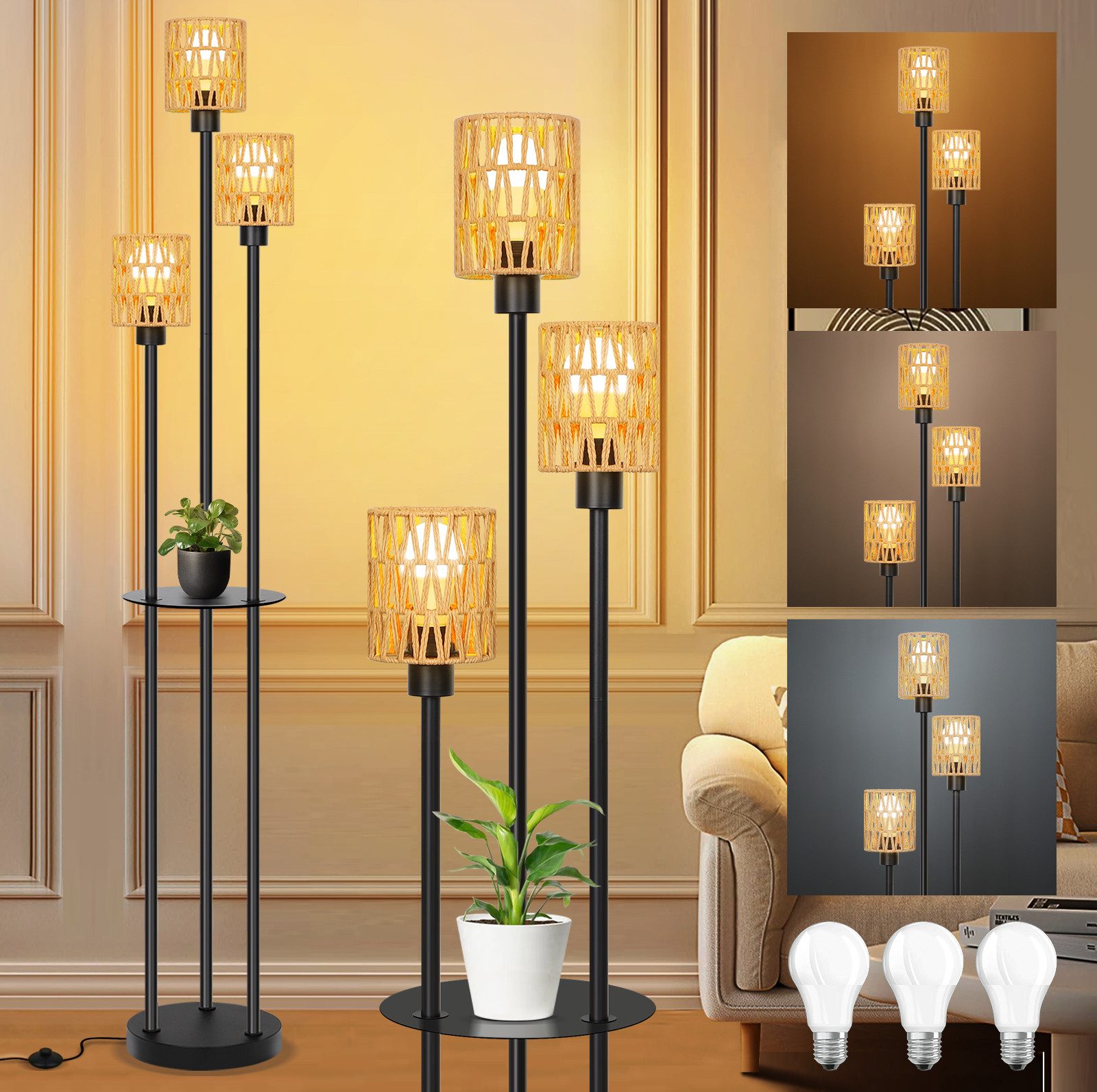 Stehlampe Rattan Stehlampe Wohnzimmer,3-flammige Vintage Stehleuchte mit Regal