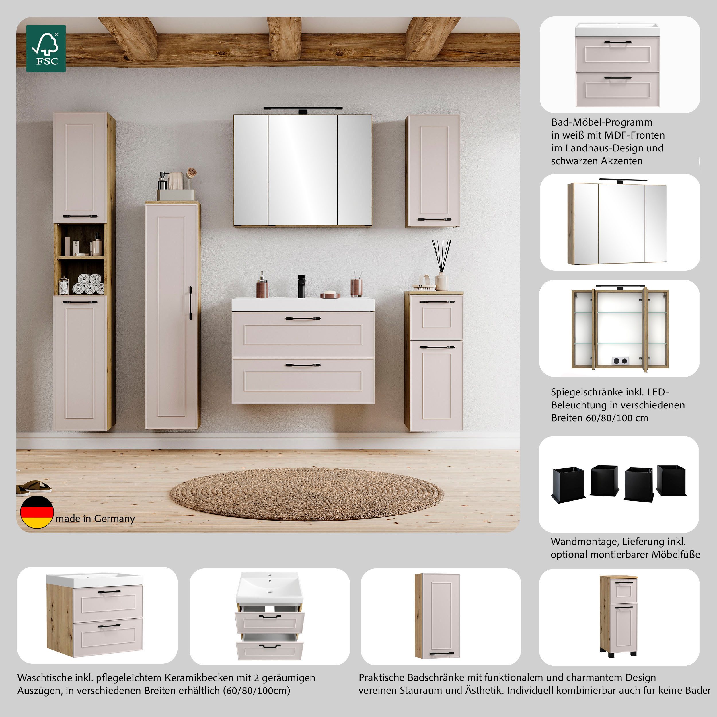 welltime Waschtisch CADIZ, Waschtisch, Kaschmir, Landhaus-Optik, schwarze Aktzente