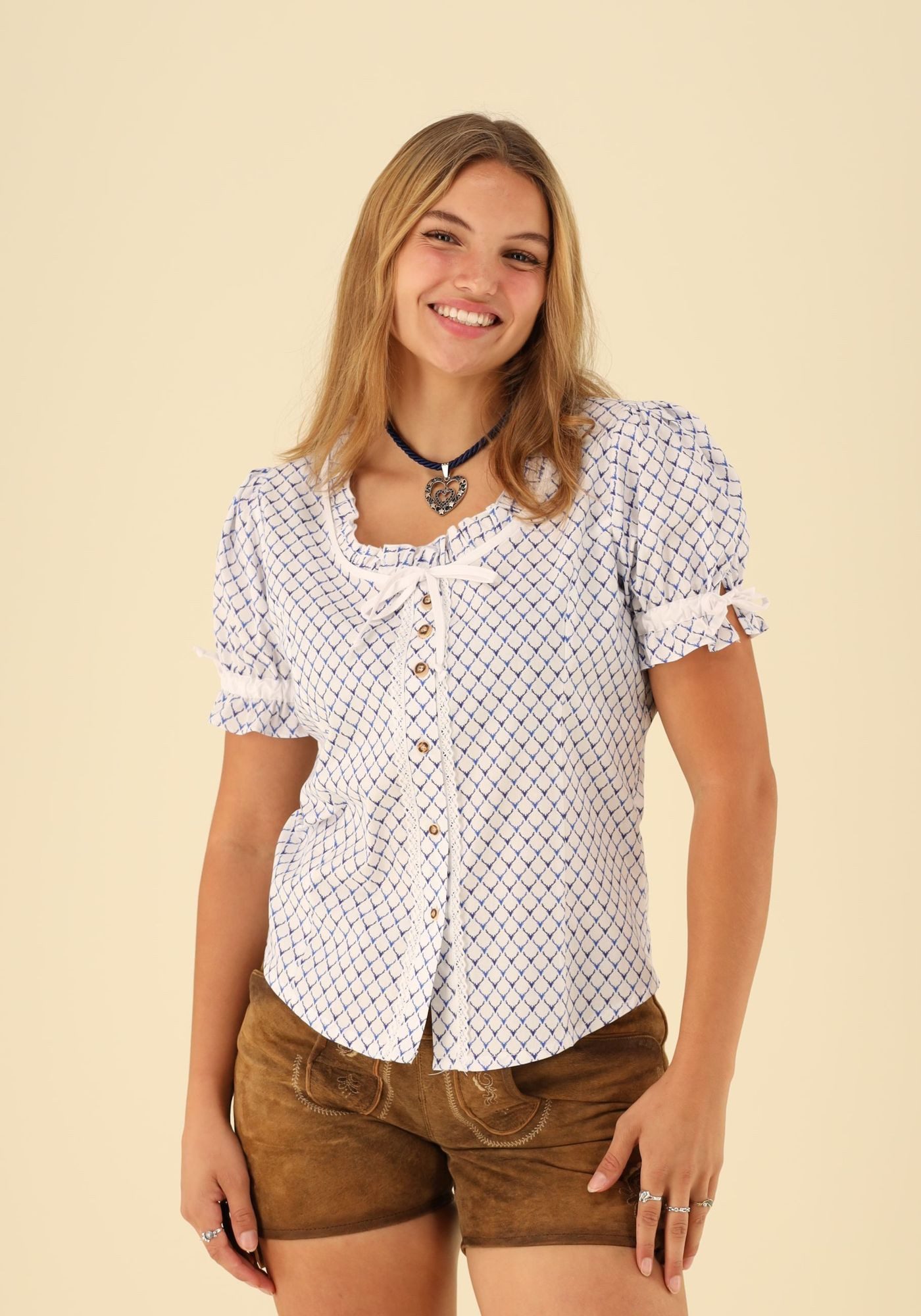 OS Trachten Trachtenbluse Poceu Damen Kurzarmbluse mit Bündchen an den Ärmeln