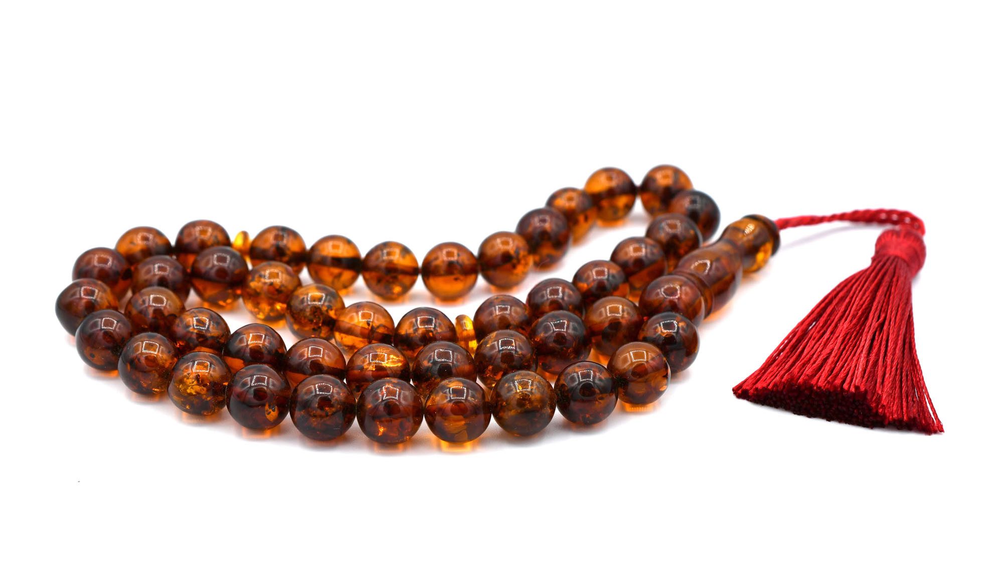 MyBer® Perlenkette Islamische Gebetskette mit 45 Bernstein Perlen (PMBER125_R6, 25-tlg., Gebetskette Islam), Handgefertigtes Unikat mit Roten Quasten