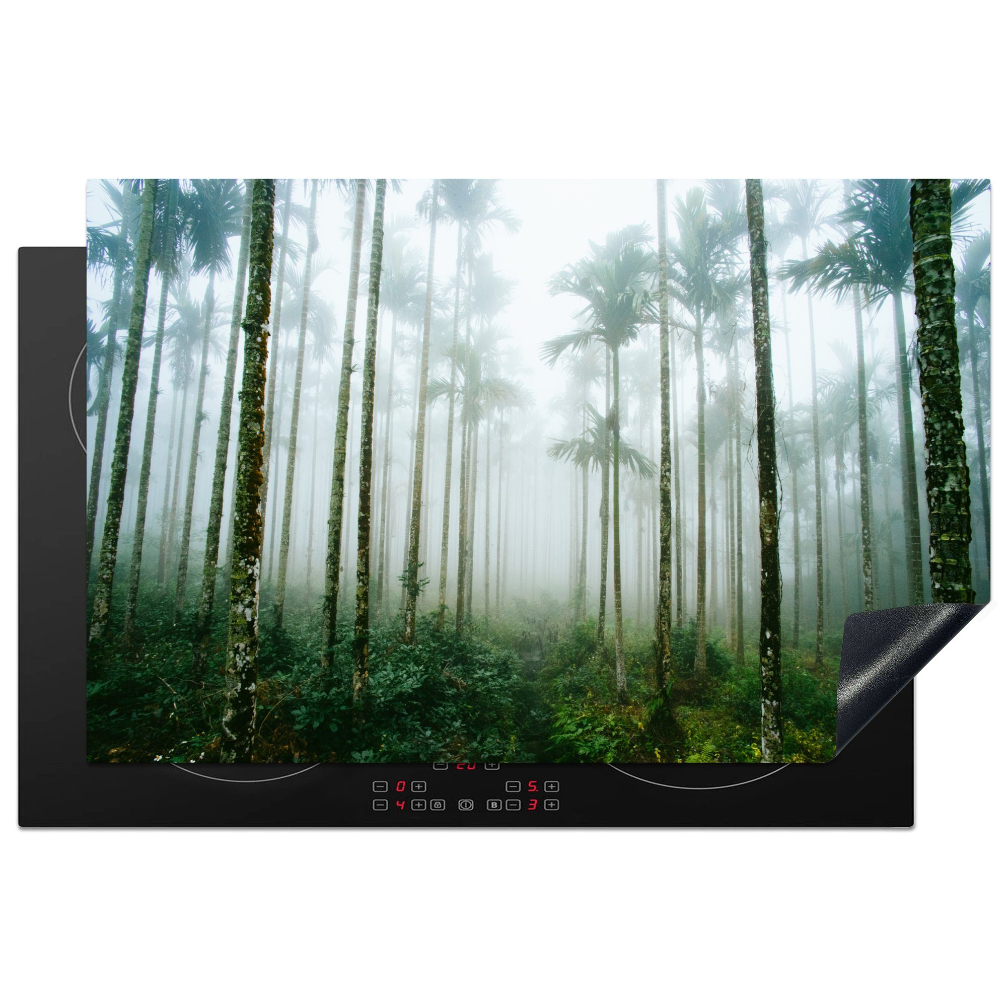MuchoWow Herdblende-/Abdeckplatte Hohe Baumstämme im nebligen Regenwald von Taiwan, Vinyl, (1 tlg), 81x52 cm, Induktionskochfeld Schutz für die küche, Ceranfeldabdeckung