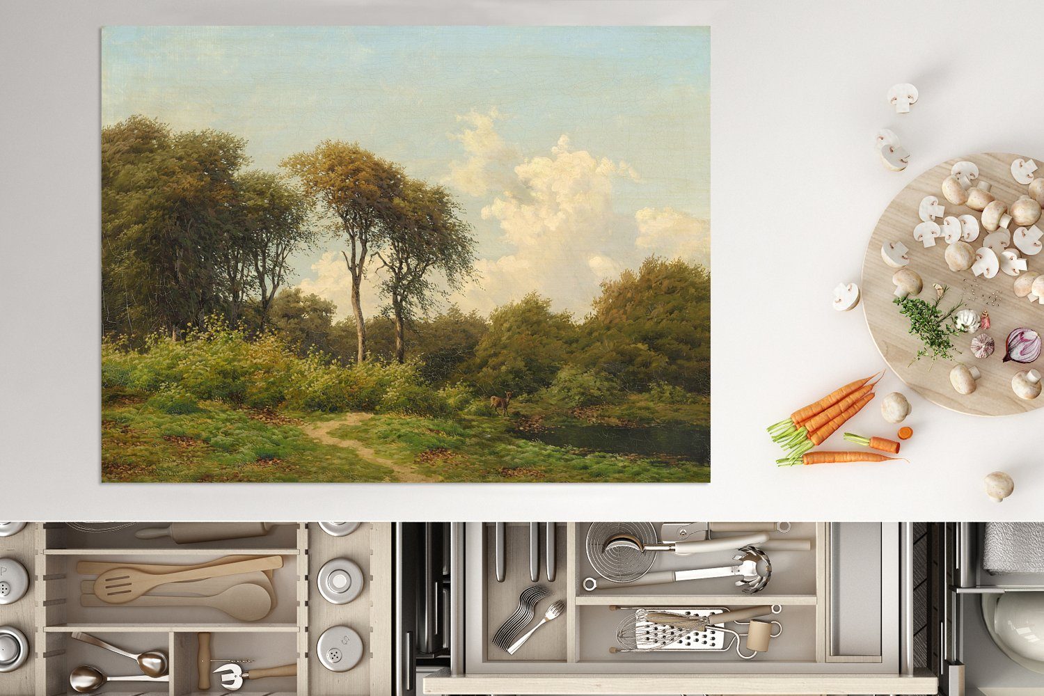 Arbeitsfläche - mit Landschaft MuchoWow Vinyl, nutzbar, tlg), Gemälde Carl (1 70x52 von Herdblende-/Abdeckplatte Hirschen Mobile cm, Ceranfeldabdeckung Bartsch,