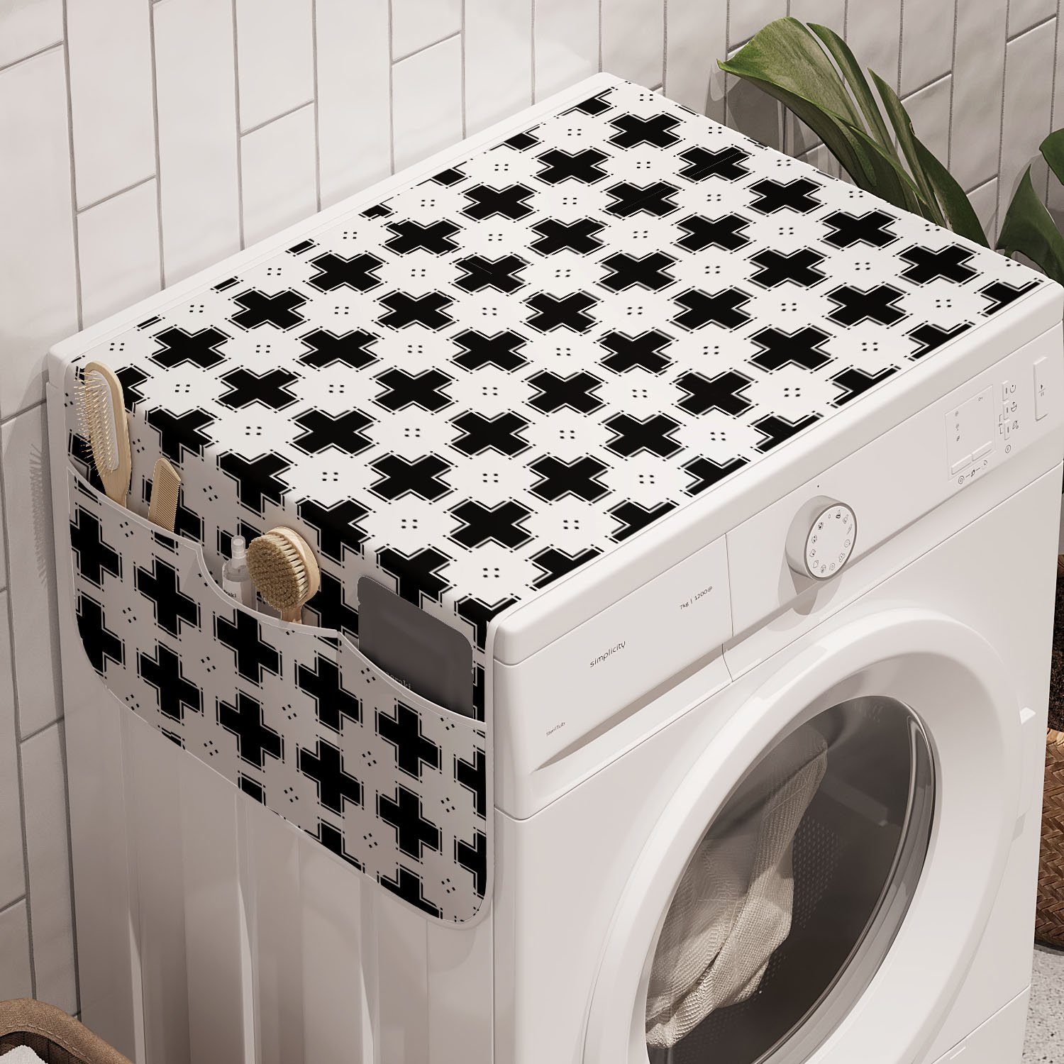 Abakuhaus Badorganizer Anti-Rutsch-Stoffabdeckung für Waschmaschine und Trockner, Gitter Dunkle Plus und weißes Quadrat