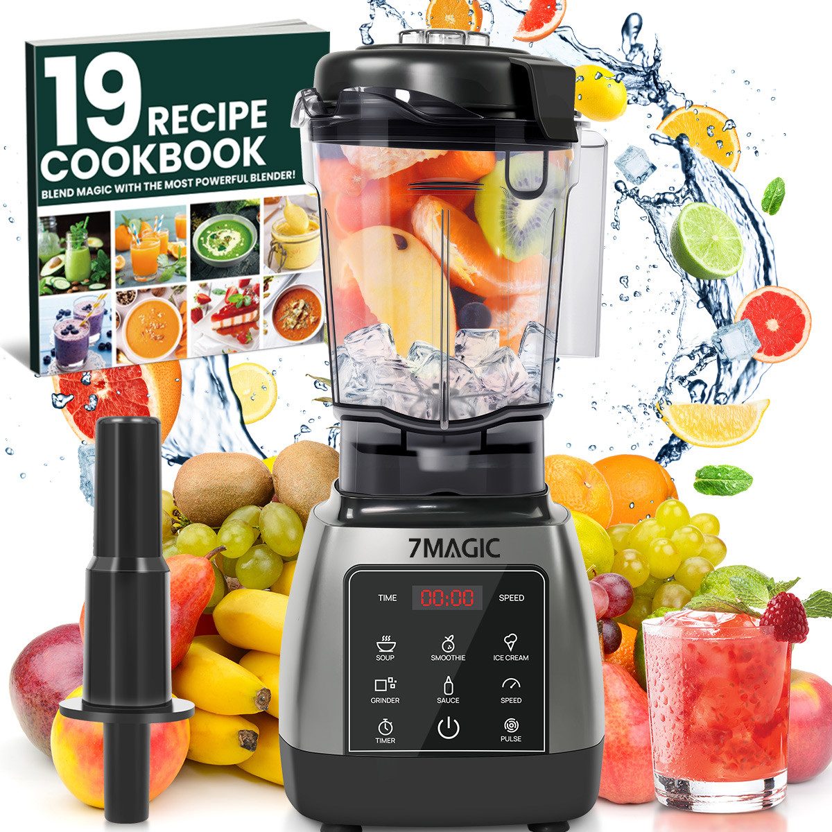 7MAGIC Standmixer Pulsfunktion, Timer, 5 intelligentes Programm Smoothie Maker, 2000 W, max. 28.000 U/min Hochleitungsmixer mit Touchpanel LED Display