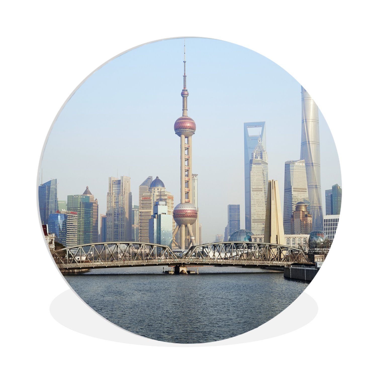 MuchoWow Gemälde Skyline von Shanghai mit dem Oriental Pearl Tower, (1 St), Kreis Wanddekoration Forex, Rundes Wandbild, Wohnzimmer, 30x30 cm