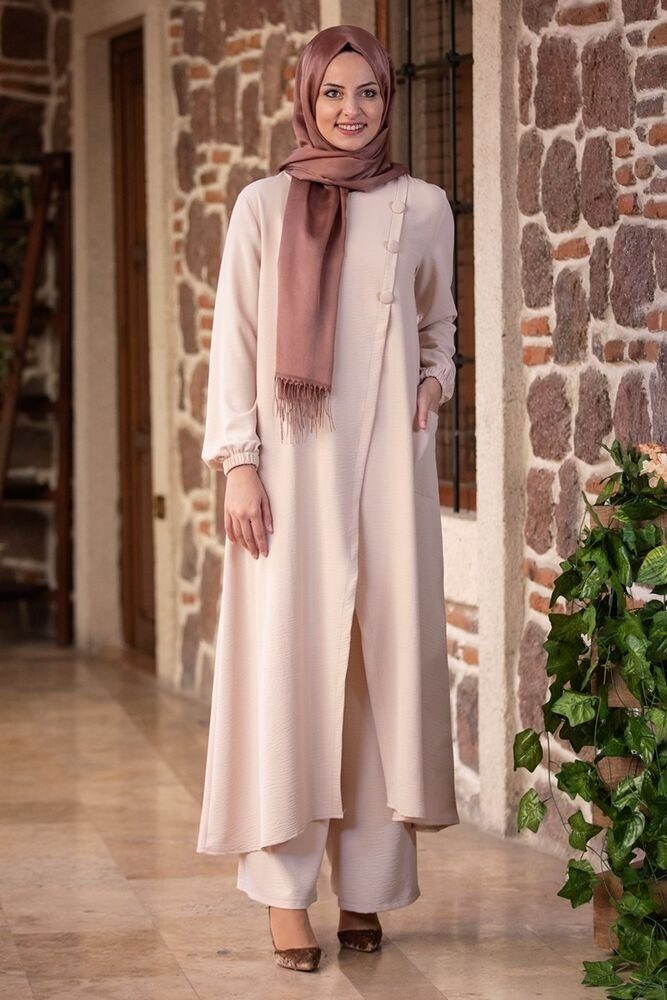 Hijab Zweiteiler Aerobin Anzug Tunikakleid Creme-Weiß Longtunika Stoff Kleidung Damen mit Hose Modavitrini