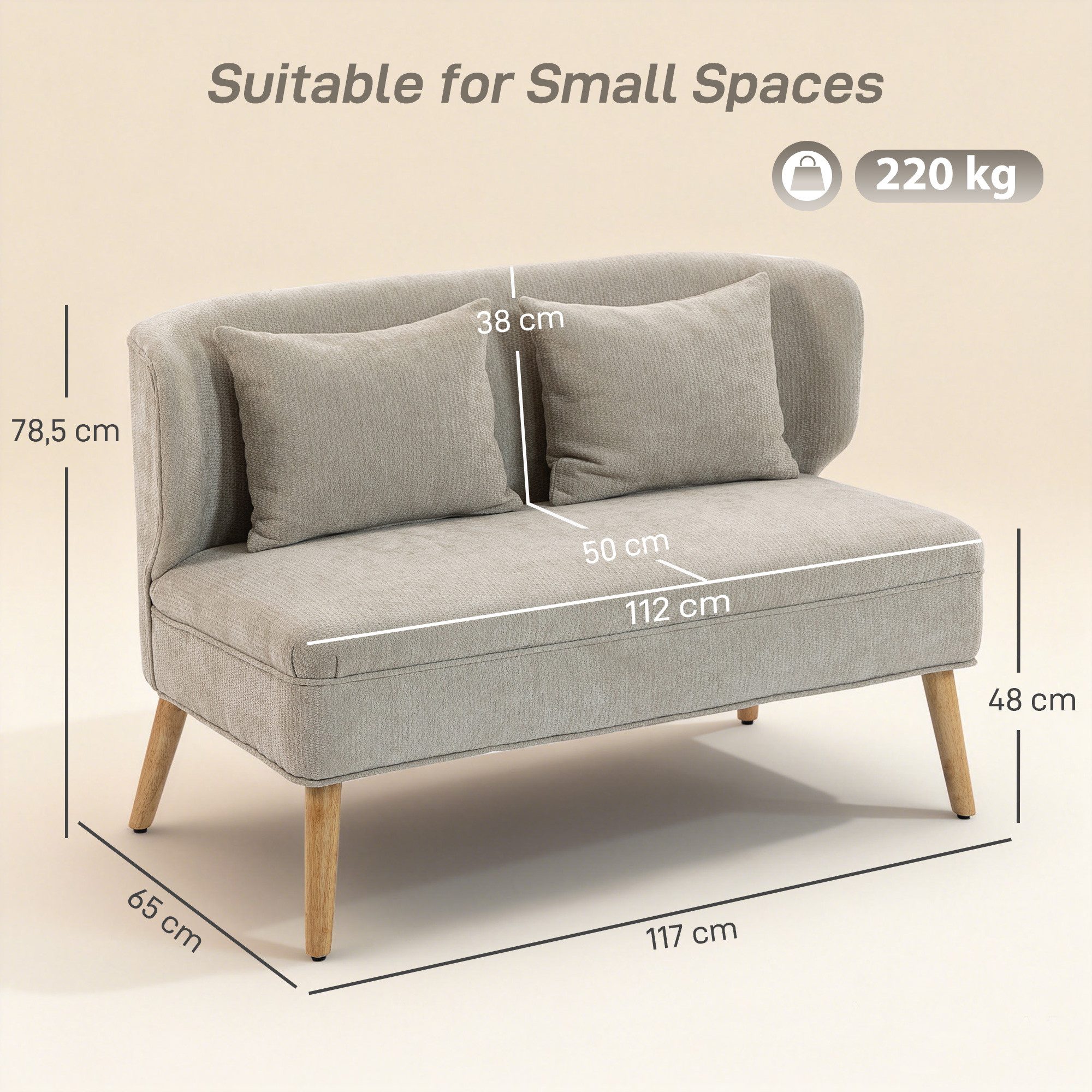 HOMCOM 2-Sitzer Polstersofa mit Chenille-Optik, Dick Gepolstert, Holzbeine, 117 cm Dick Gepolstert Doppelsofa 1 Teile, für Wohnzimmer, Schlafzimmer, Beige – Bild 3 von 5
