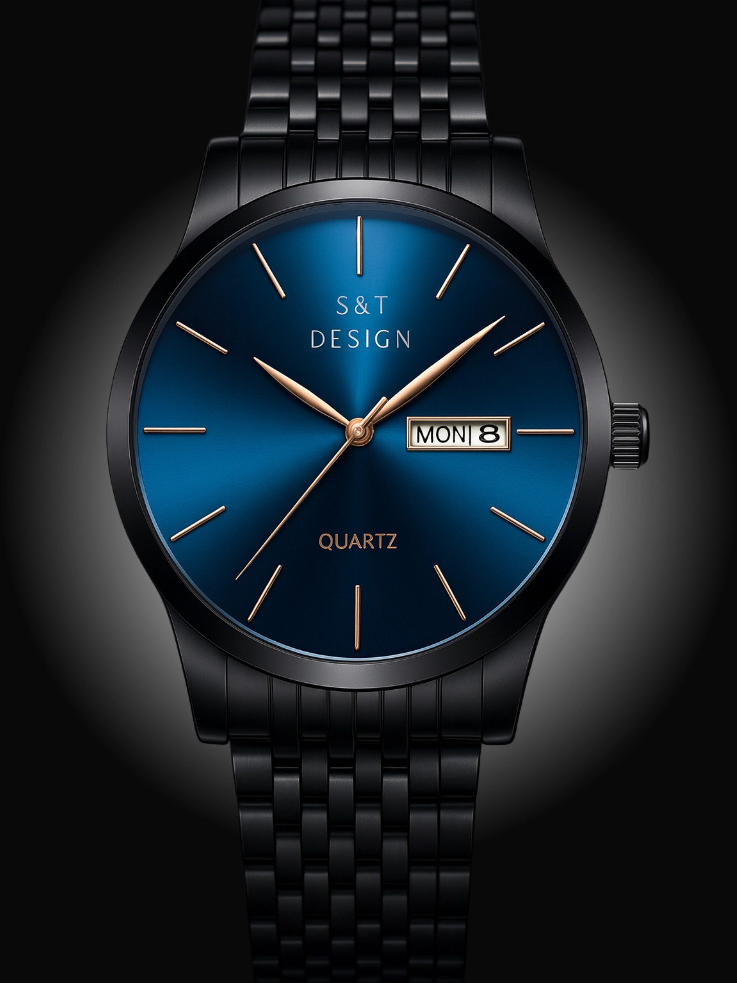 S&T Design Quarzuhr Herren Uhr Edelstahl Armbanduhr Herrenuhr, (Geschenkebox (Etui), inkl. Armbandkürzer & Etui), Männer Uhr Schwarz Datum Wasserdicht 3Bar