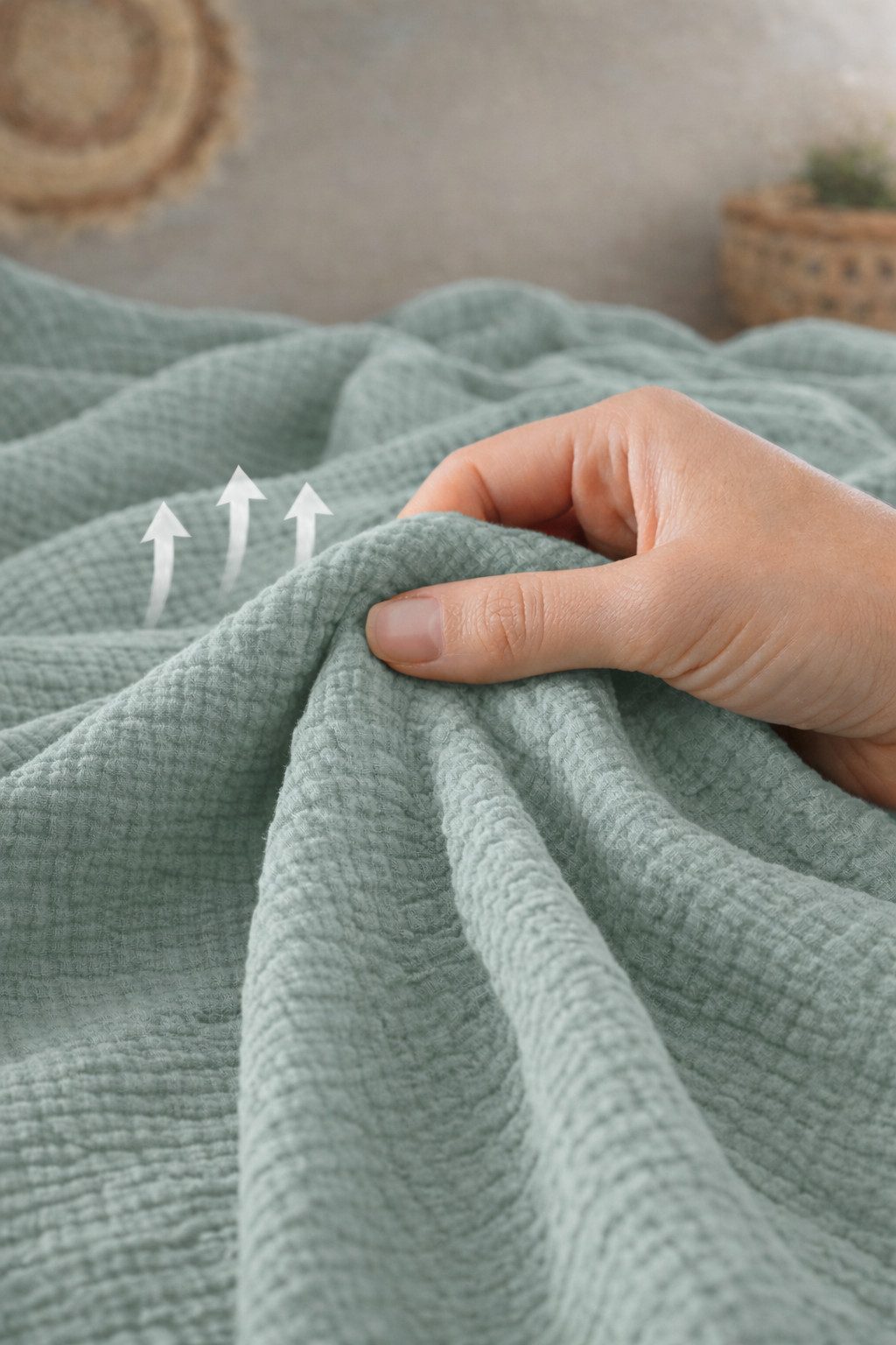 Wolldecke Set Musselin 150x200 Design Matcha Gruen, pure hug, Sommer Geschenke Idee Frauen Männer weich sale Reißverschluss Partner – Bild 4 von 5