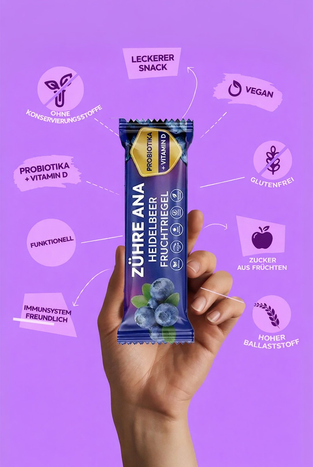 Zühre Ana® Riegel Heidelbeer Fruchtriegel 12x – Probiotisch, Vegan, Zuckerfrei, 420 g, Leckerer Snack mit Vitamin D, 35gr x 12 Stück