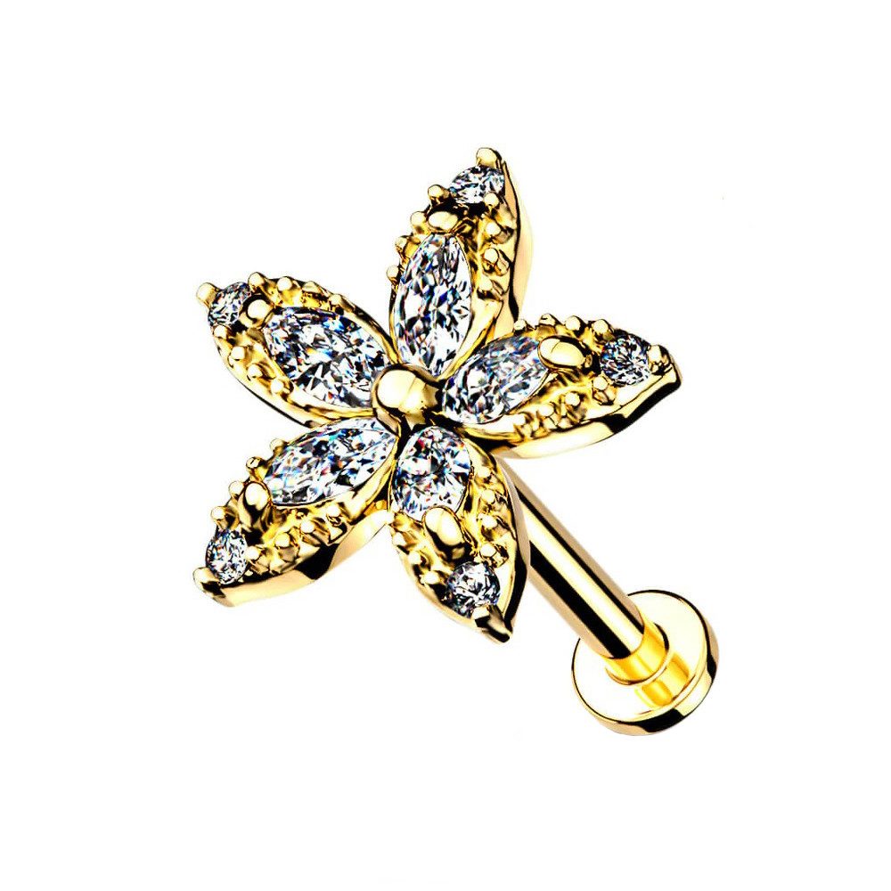 Piercing-Set Labret Piercing Stecker flach Kristall Blume Innengewinde Gold 6mm