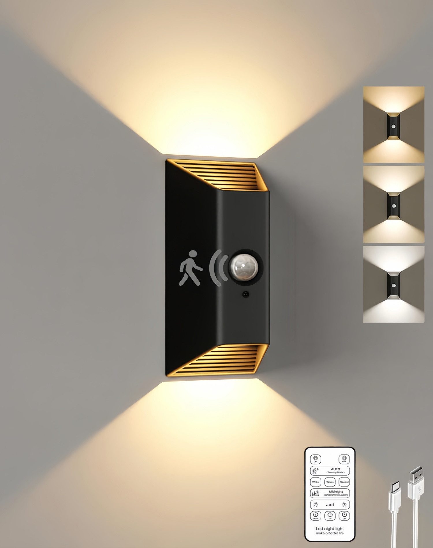 ibettertec Wandstrahler Akku Wandleuchte Innen mit Bewegungssensor, 4000mAh Akku Wandlampe mit Fernbedienung, 3 Farben, Timer-Funktion, Wandlicht Up and Down, Aufladbare LED Wandleuchte für Treppe, Flur (1 Stück)