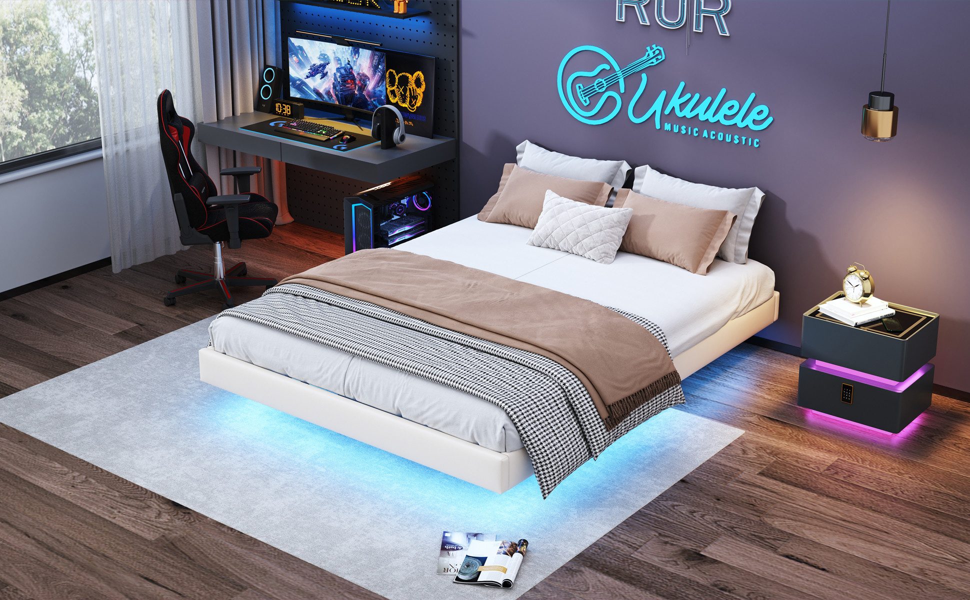 FUROKOY Polsterbett 160x200 cm LED Hydraulisches günstig online kaufen