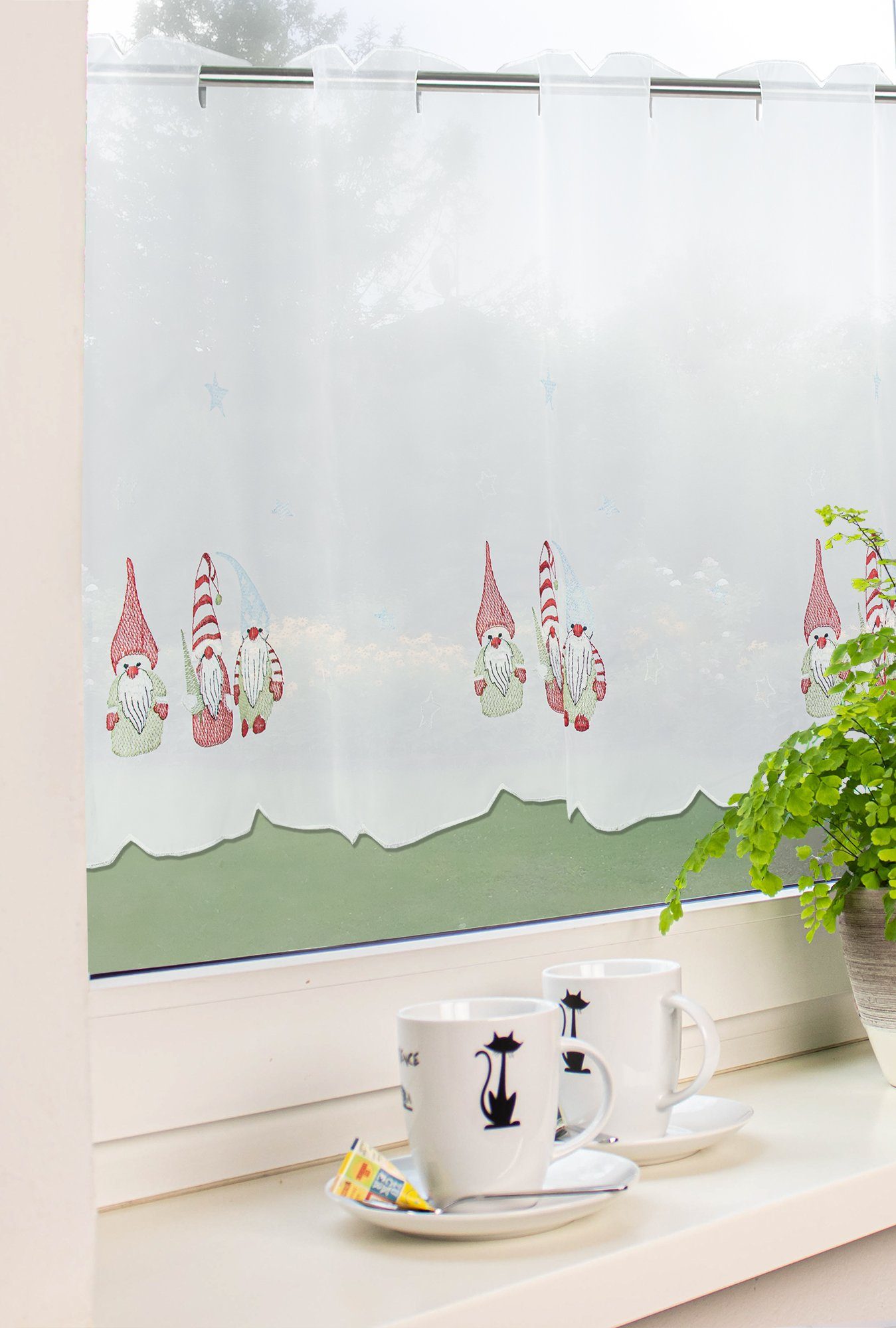EXPERIENCE Scheibengardine Scheibengardine Weihnachten Wichtel 2571 Weiß Grün Rot 48x140 cm, Durchzuglöcher, transparent, Voile, Wintergardine
