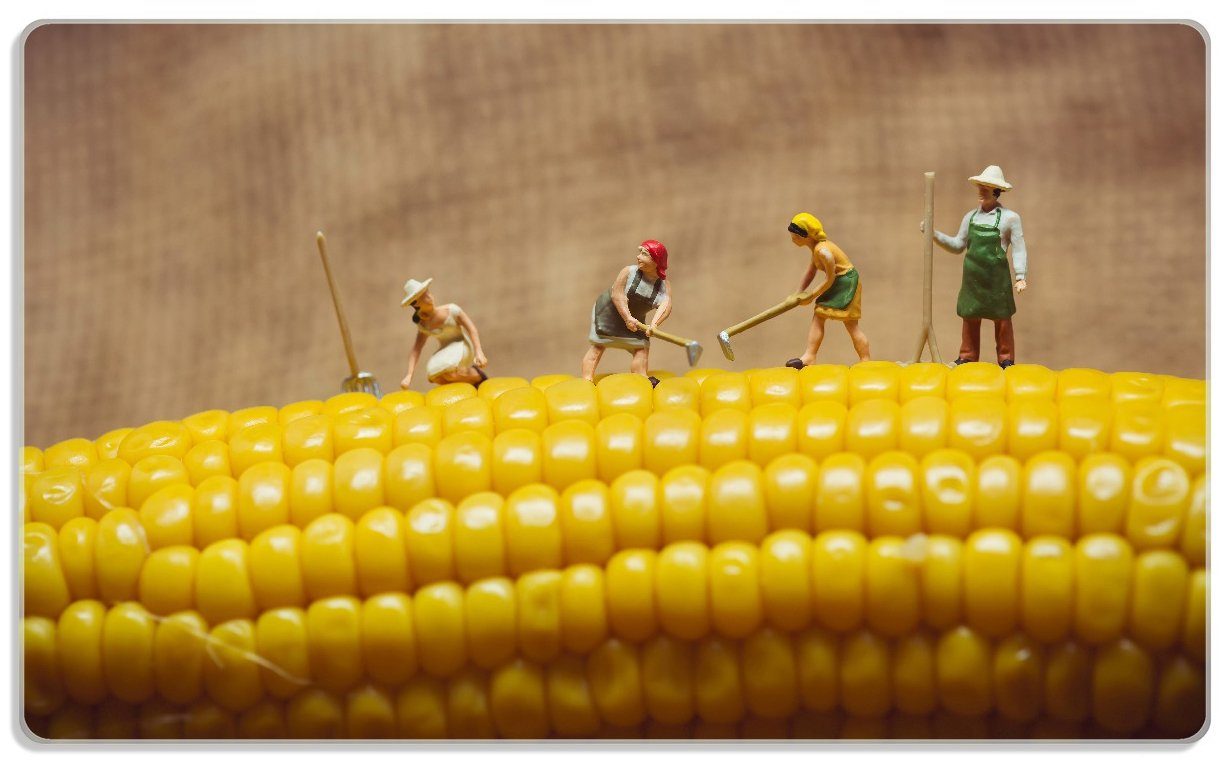 Wallario Frühstücksbrett Lustige Bauernfiguren auf einem Maiskolben beim Arbeiten, ESG-Sicherheitsglas, (inkl. rutschfester Gummifüße 4mm, 1-St), 14x23cm