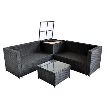 Feel2Home Gartenlounge-Set PolyRattan Sitzgruppe mit Auflagenbox in Schwarz, Grau oder Braun XXL, (2-tlg), Sicherheitsglasplatte