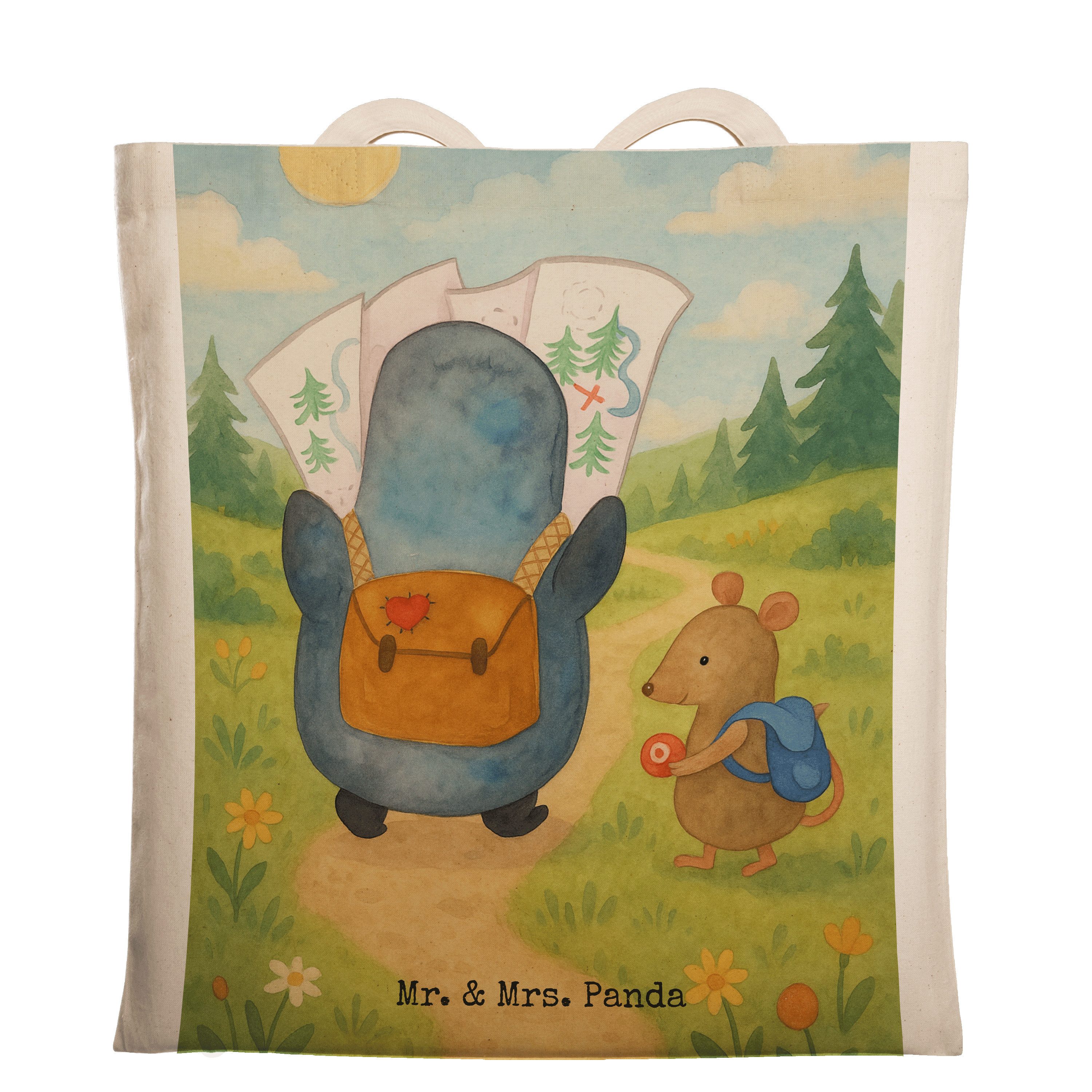 Mr. & Mrs. Panda Tragetasche Pinguin & Maus Wanderer Design, Tote Bag, Weiß, Baumwollbeutel, Wande (Packung), Büchertasche Baumwoll-Tragetasche studententasche