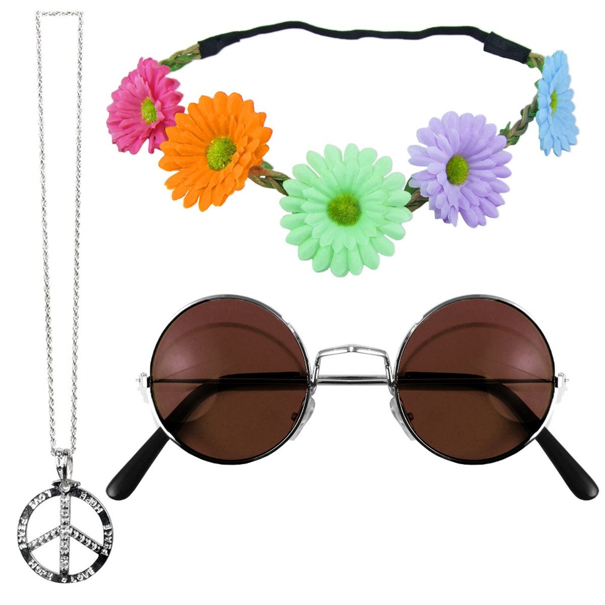 Verkleidungsmaske Hippie Set 3-tlg. - Margeriten Haarband, Peace Ket