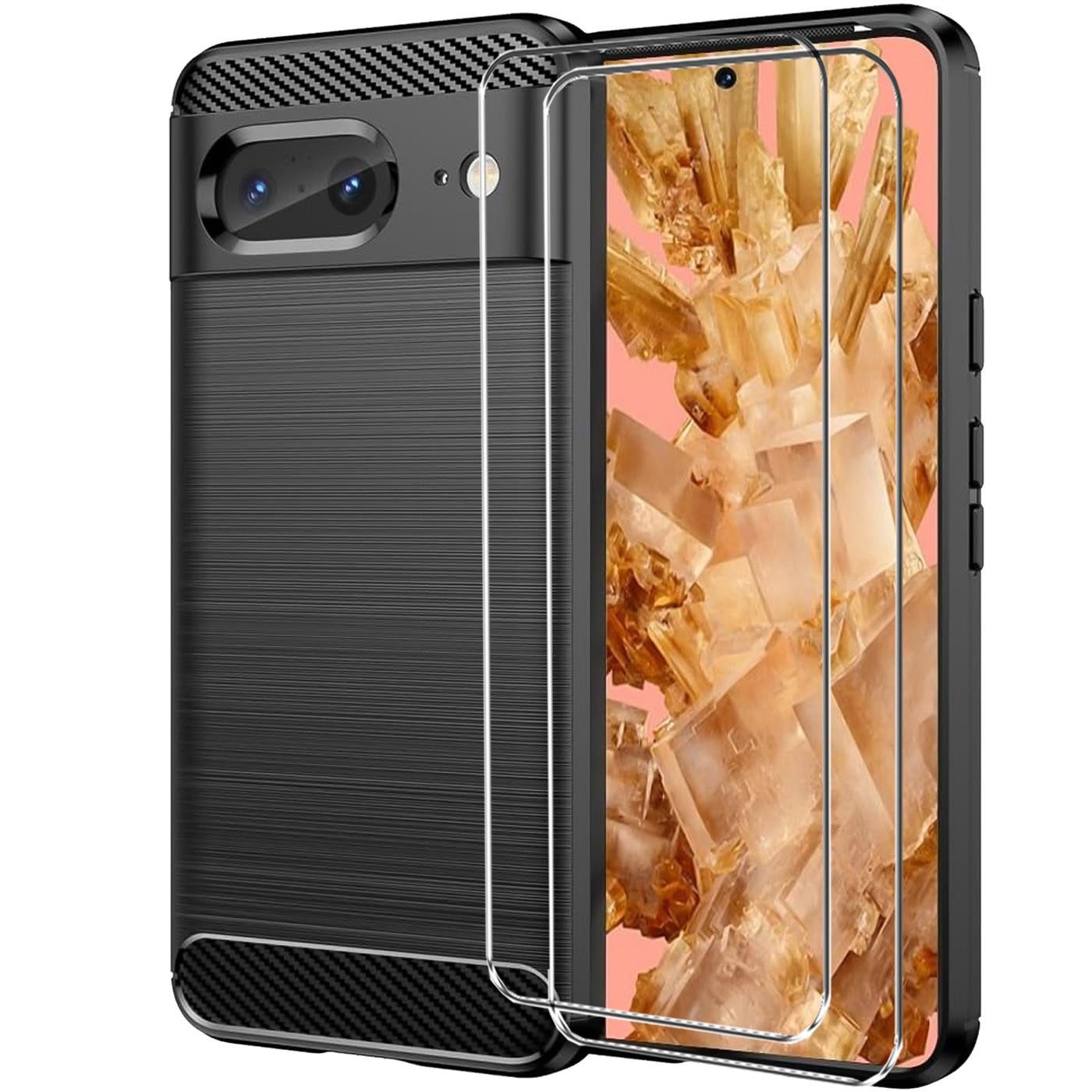 CoolGadget Handyhülle Schwarz als 2in1 Schutz Cover Set für das Google Pixel 7a 6,1 Zoll, 2x 9H Glas Display Schutz Folie + 1x TPU Case Hülle für Pixel 7a