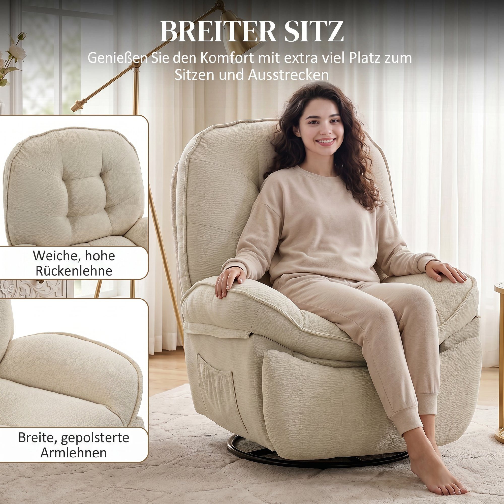 HOMCOM Relaxsessel Chenille-Sessel mit Fußstütze (Set, 1-St., Ruhesessel), 360° drehbar, wippend, bis 145° neigbar – Bild 5 von 5