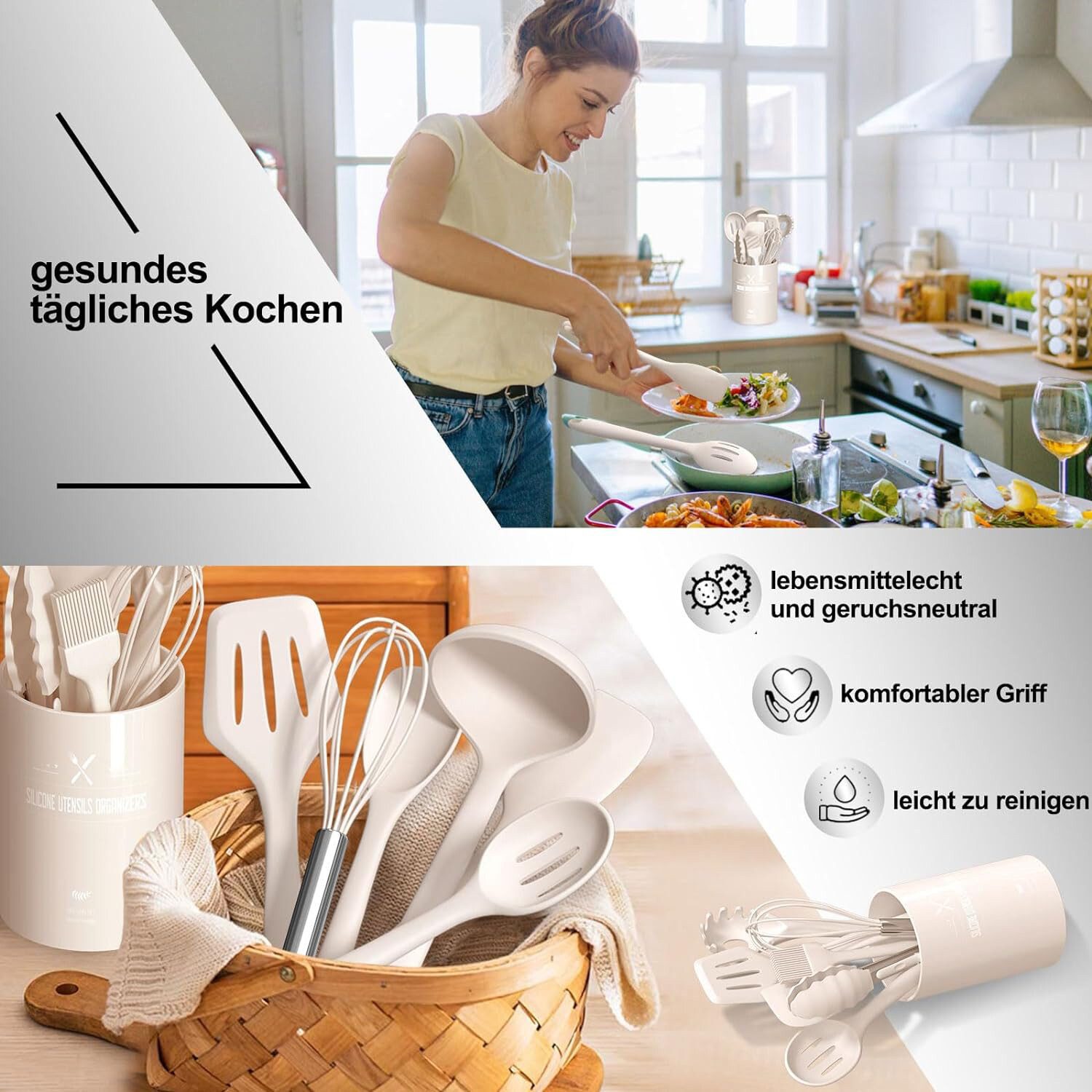 HAUSS SPOLE Kochbesteck-Set Kochgeschirr Set aus Silikon Küchenhelfer, Küchenzubehör Set (12-tlg), Hitze- und brühfest, antihaftbeschichtet und leicht zu reinigen