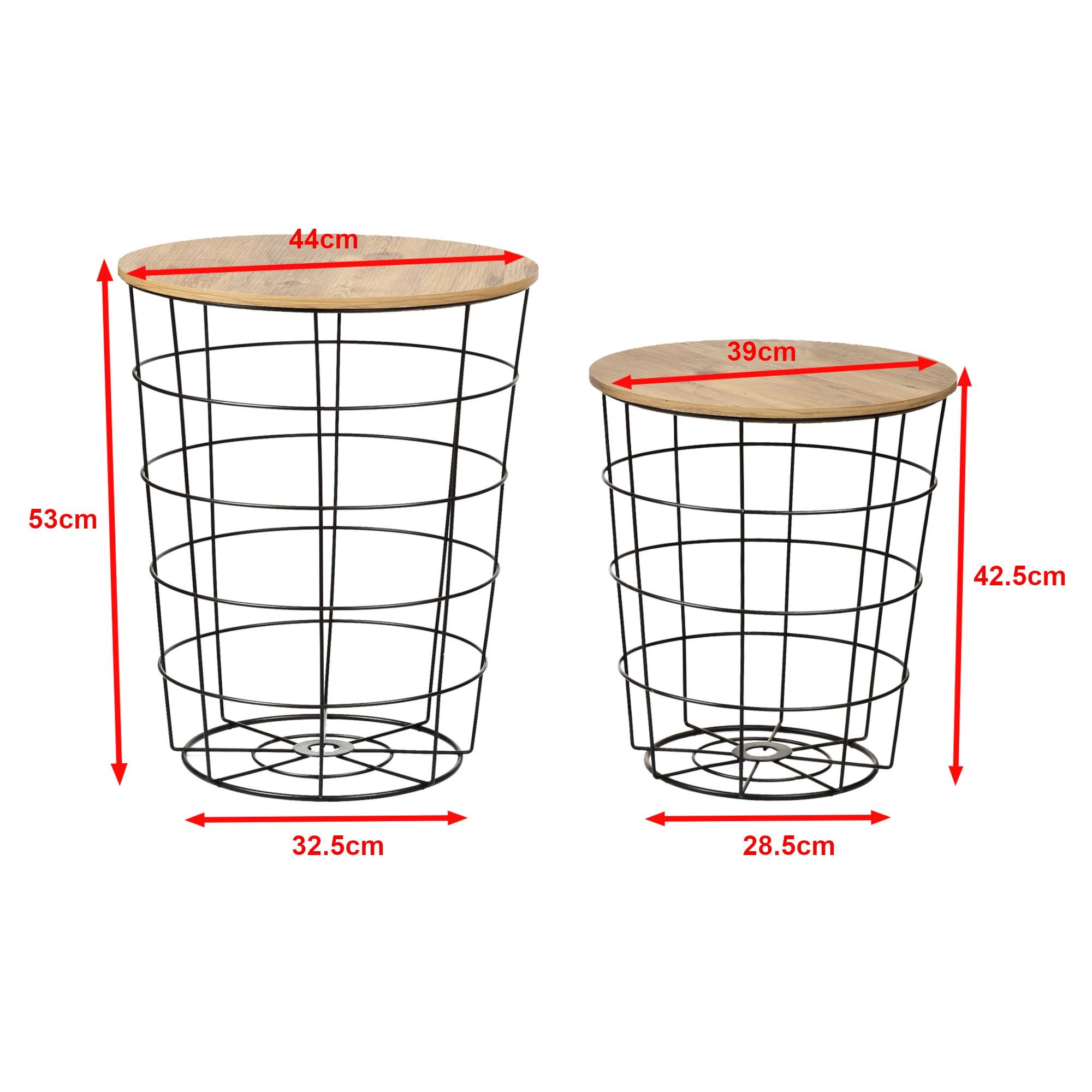 / »Hundested« en.casa Schwarz 2er Set Beistelltisch, Wohnzimmertisch Holzfarben Metallkorb