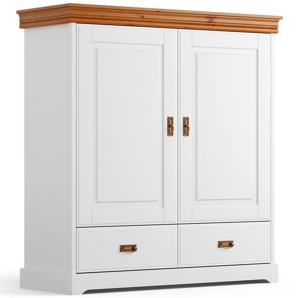 Lomadox Kleiderschrank TERMOLI-163 Kiefer massiv in weiß mit braun, 130 cm, 2 Türen & 2 Schubladen