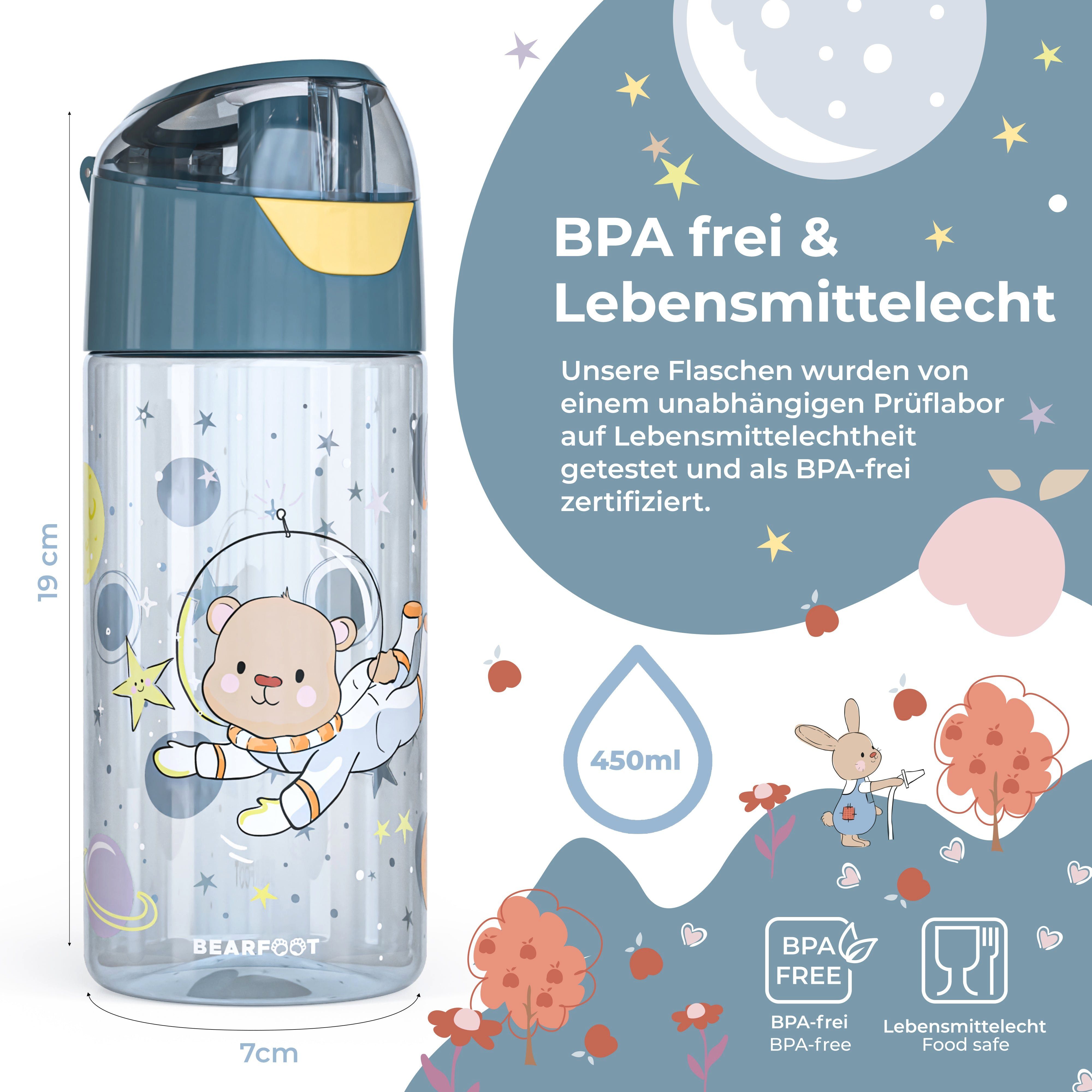 BEARFOOT Trinkflasche Trinkflasche Kinder leichte Bär - Astronaut Wasserflasche AstroBär-blau