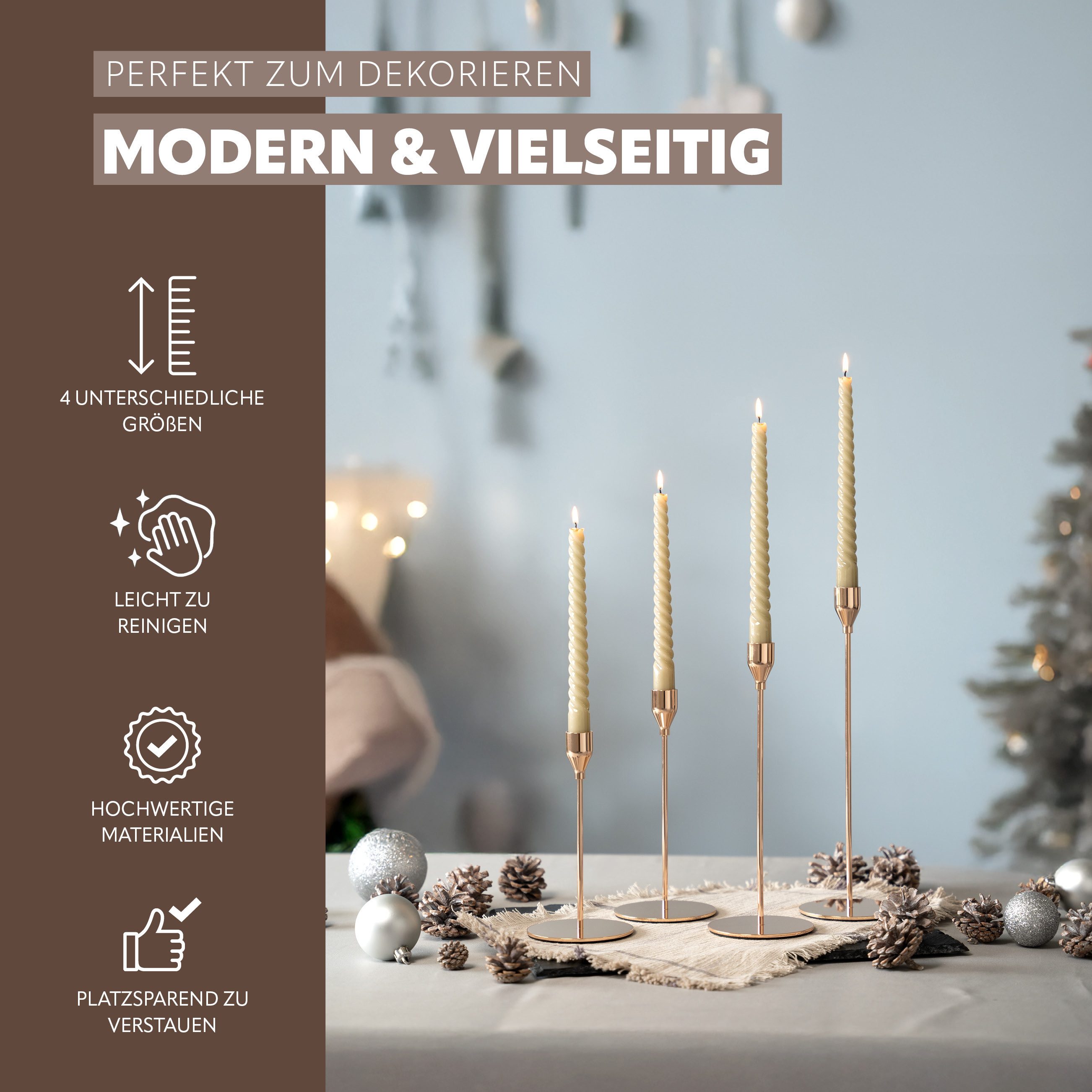 bremermann Kerzenhalter 4er-Set Kerzenhalter, Kerzenständer für Stabkerzen, Metall, roségold (4 St)