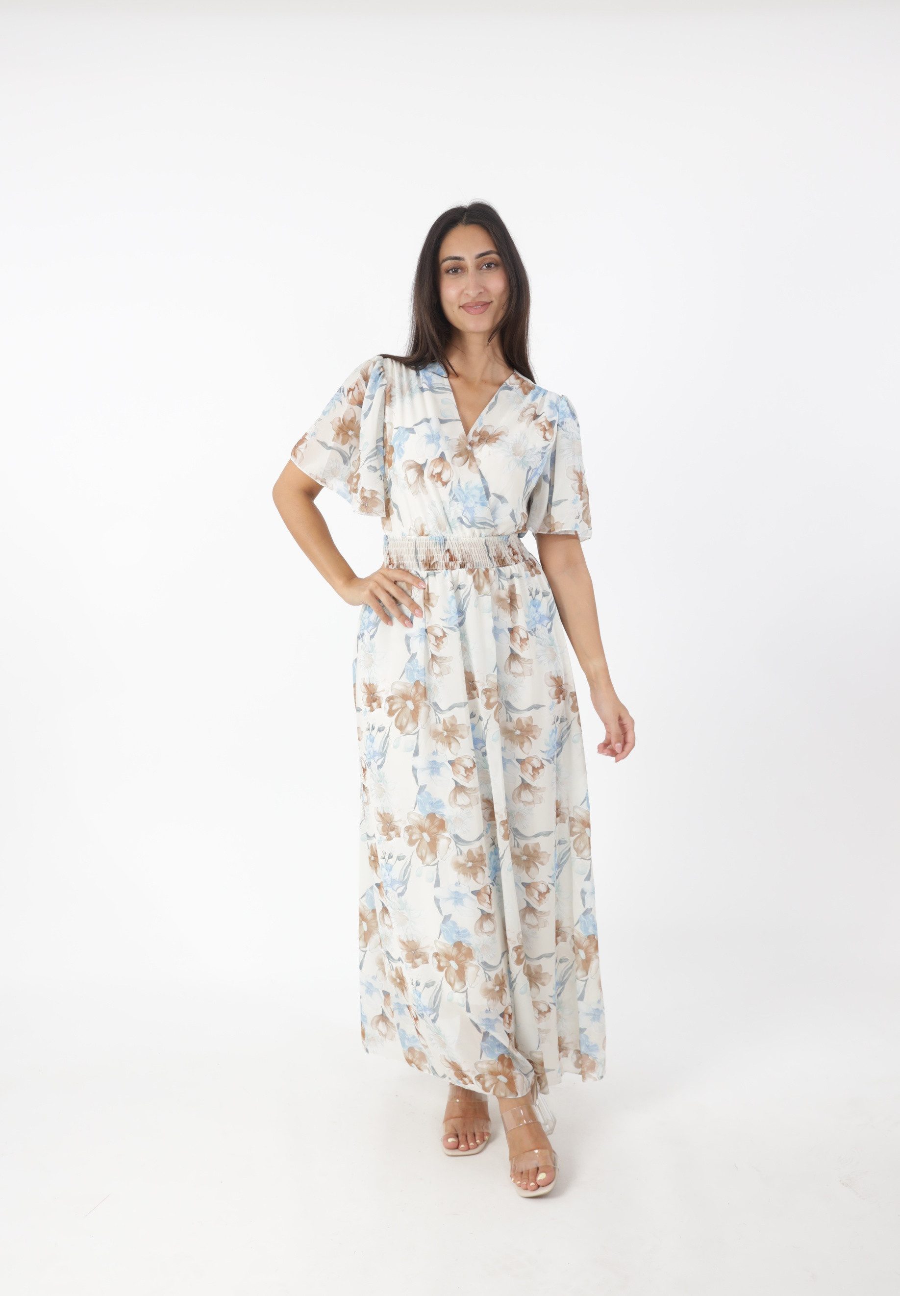 Elara Maxikleid — Damen Sommerkleid mit Blumenmuster, V-Ausschnitt und Volantärmeln